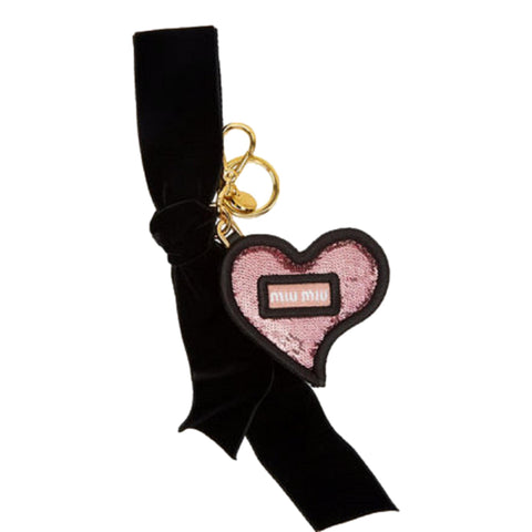Miu Miu Trick in Pelle Heart Key Chain Bag Charm Pink Sequin and Ribbon