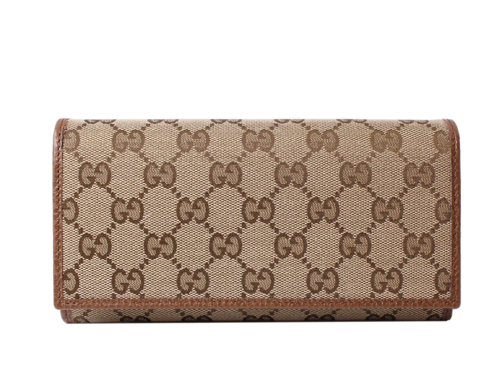 Gucci Original Beige GG Canvas Brown Leather Trim Long Wallet