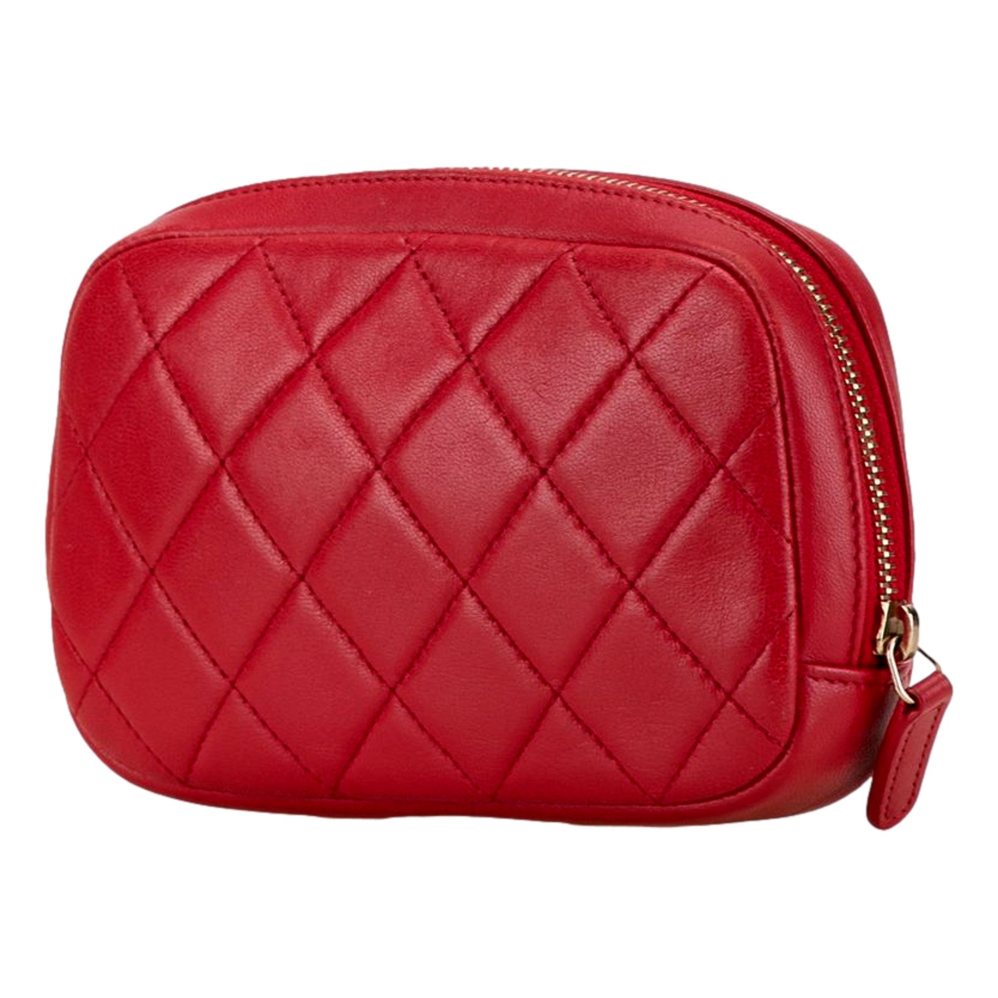 Chanel Lambskin Quilted Small Curvy Pouch Cosmetic Case Pouch Red