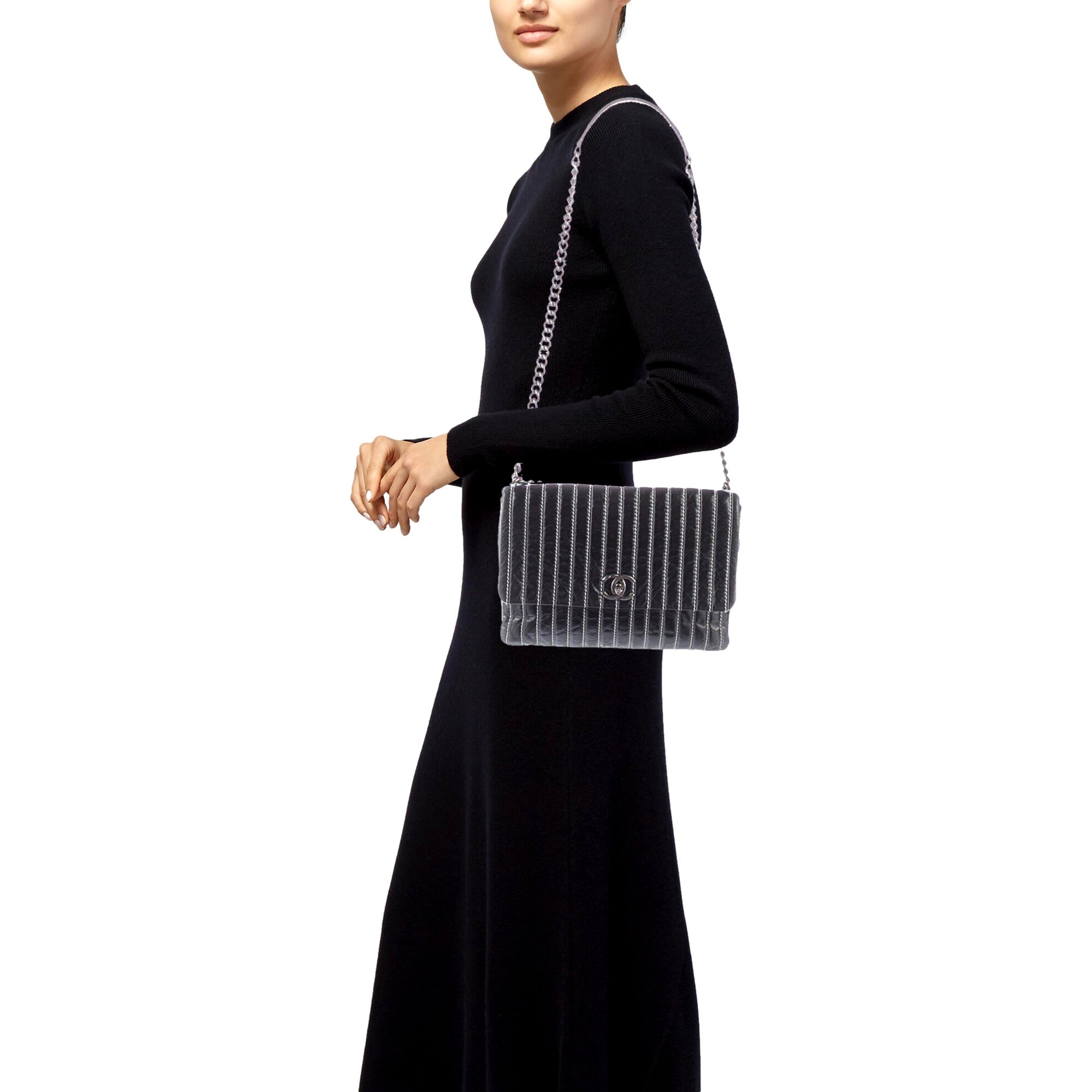Chanel White Vertical Stitch Black Flap Bag