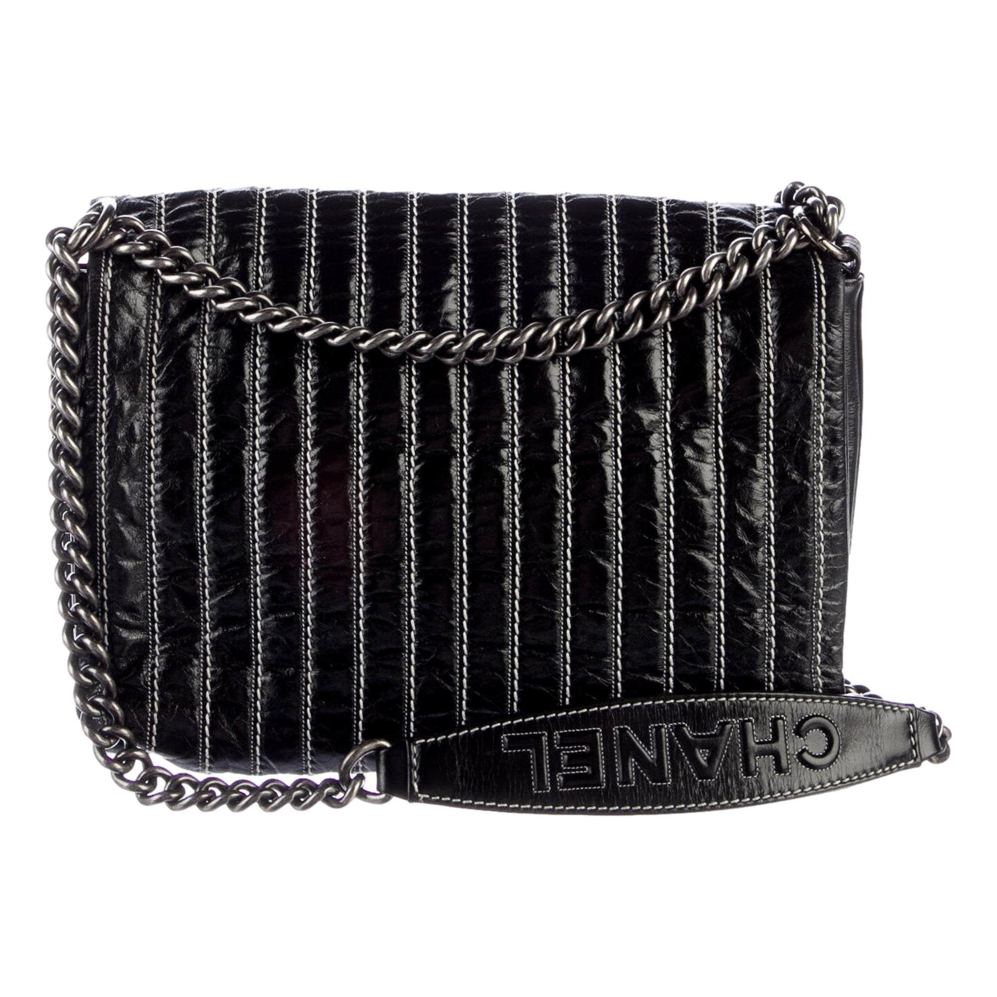 Chanel White Vertical Stitch Black Flap Bag