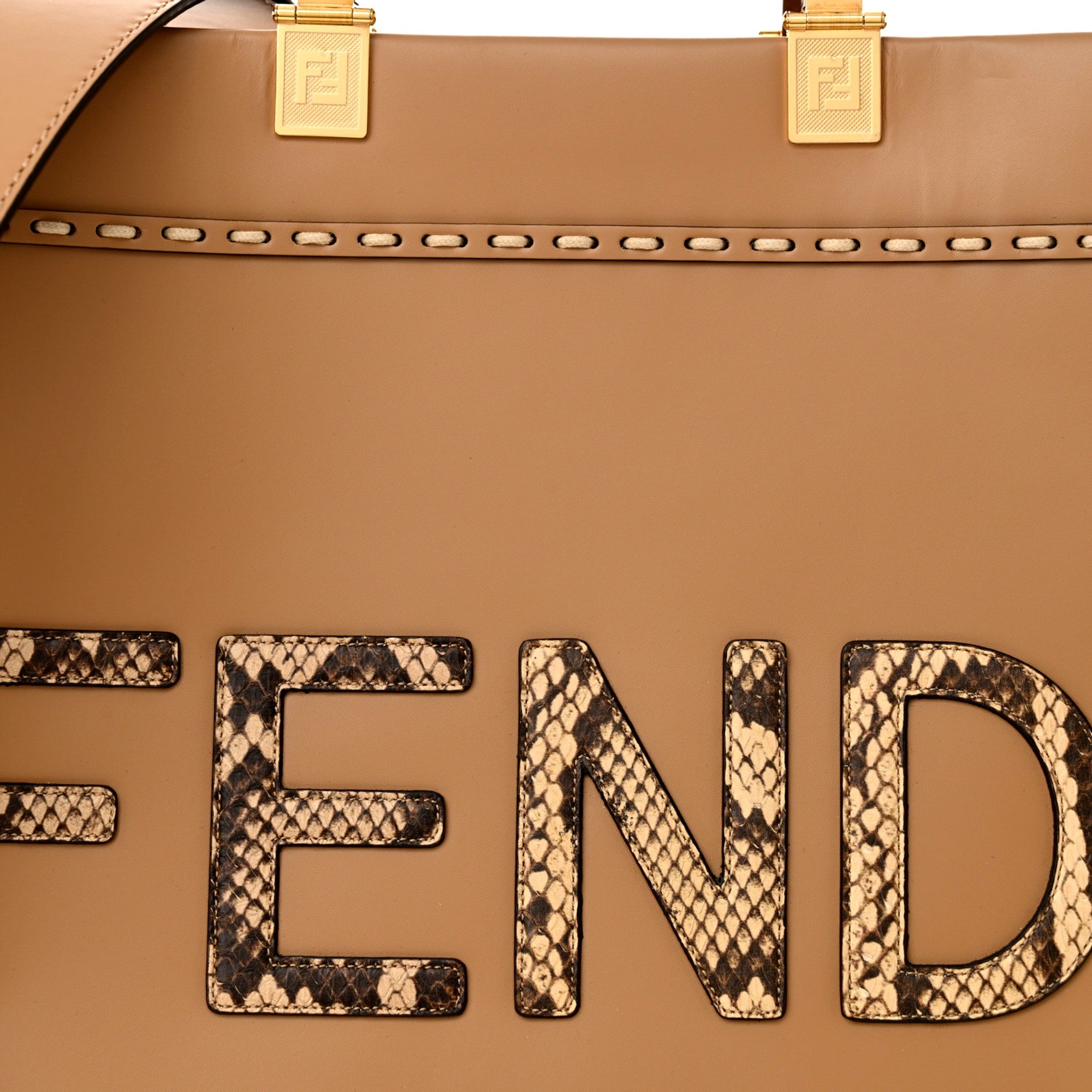 Fendi Sunshine Tan Leather Snake Print Logo Large Tote