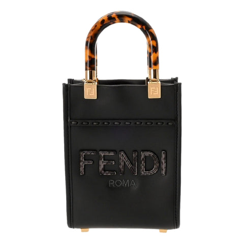 Fendi Black Calfskin Snake Print Mini Sunshine Shopper Tote Crossbody Bag