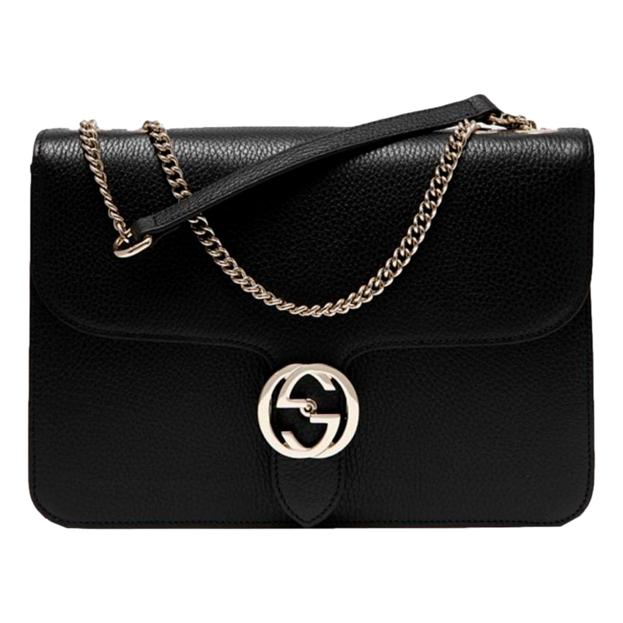 Gucci Marmont Black Leather Interlocking GG Gold Chain Strap Crossbody Handbag