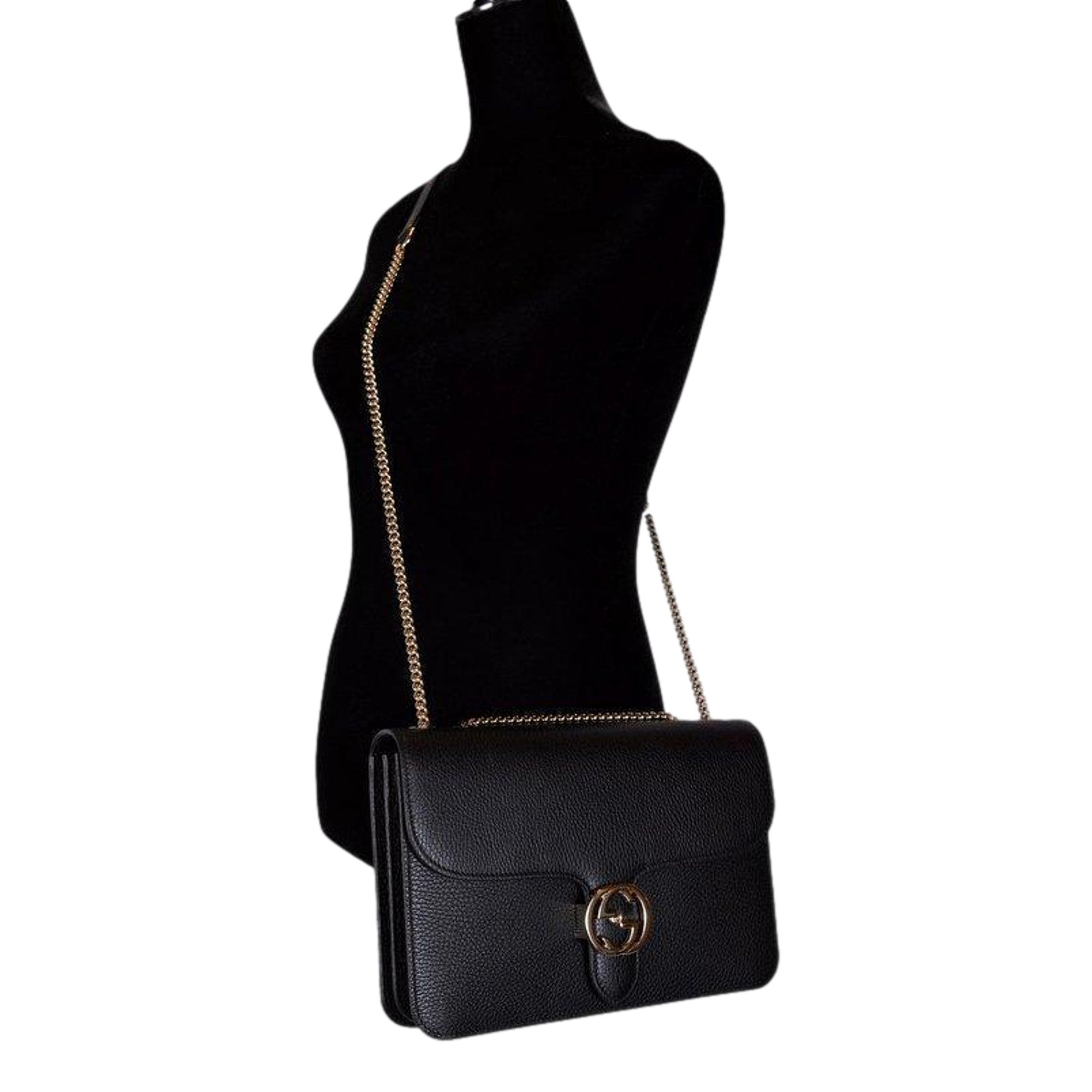 Gucci Marmont Black Leather Interlocking GG Gold Chain Strap Crossbody Handbag