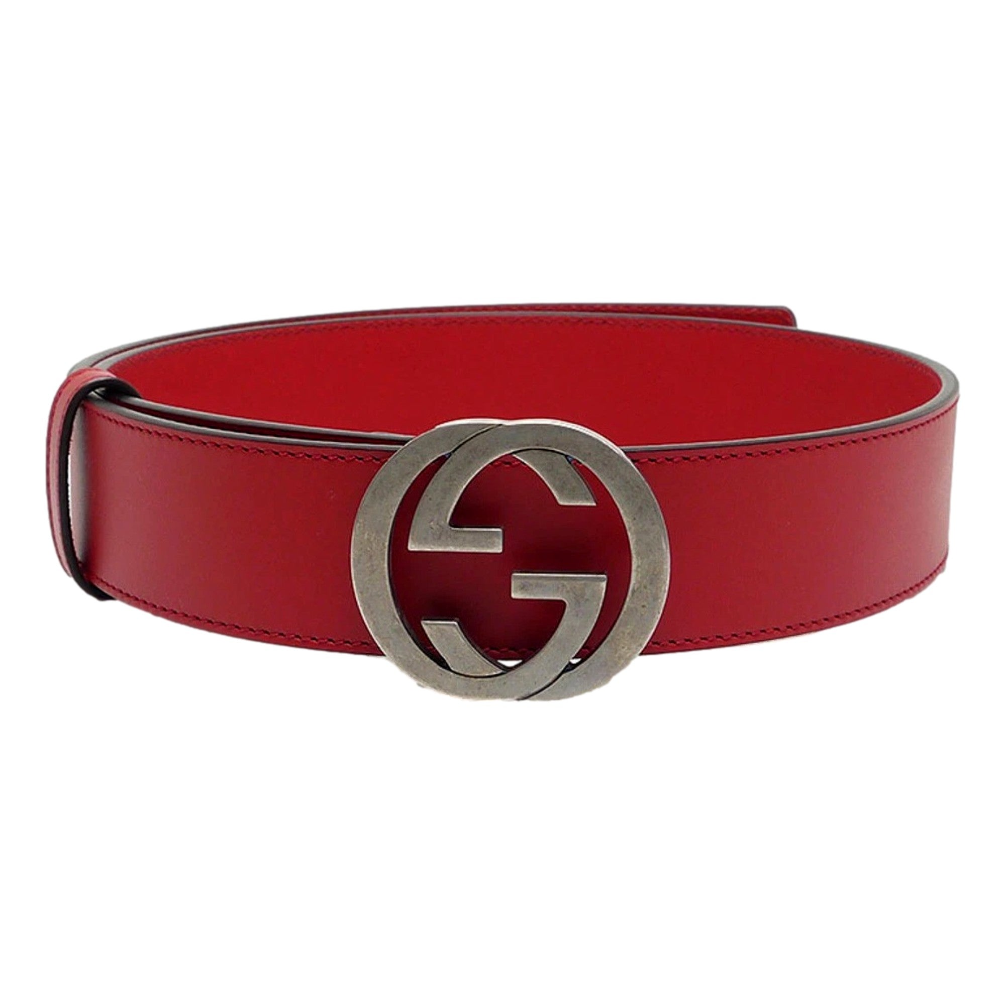Gucci Interlocking Leather GG Buckle Antiqued Silver Tone Belt Rosso Red 85/34