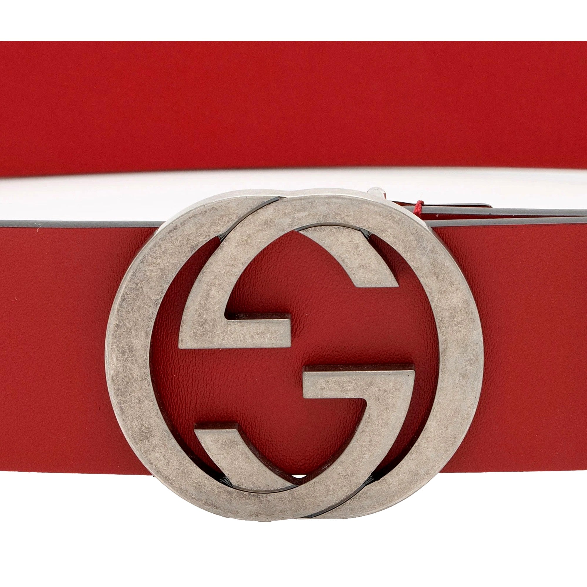 Gucci Interlocking Leather GG Buckle Antiqued Silver Tone Belt Rosso Red 85/34