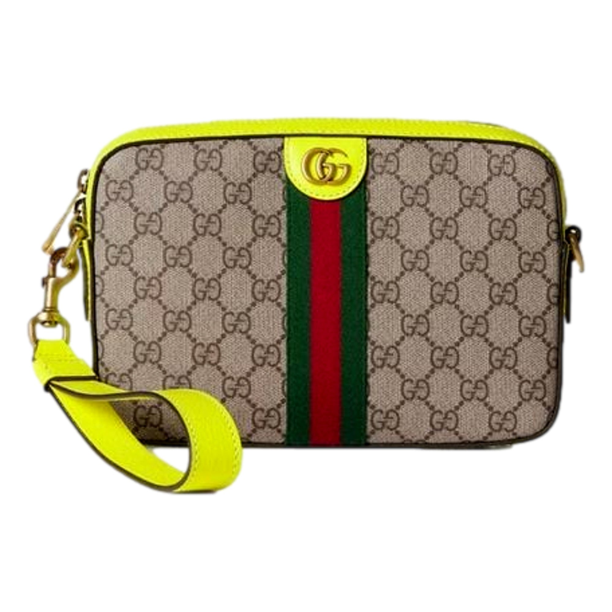 Gucci GG Supreme Canvas Ophidia Small Crossbody Web Stripe Neon Yellow