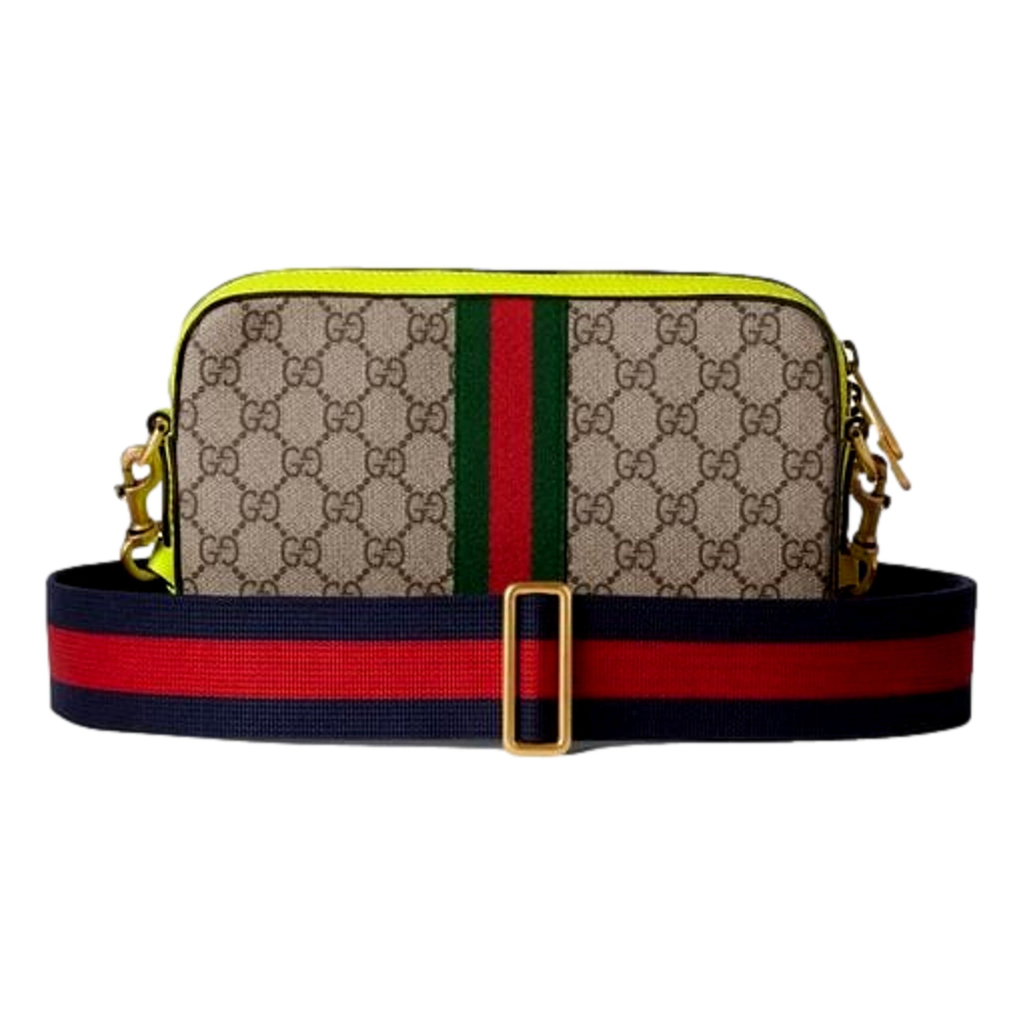 Gucci GG Supreme Canvas Ophidia Small Crossbody Web Stripe Neon Yellow