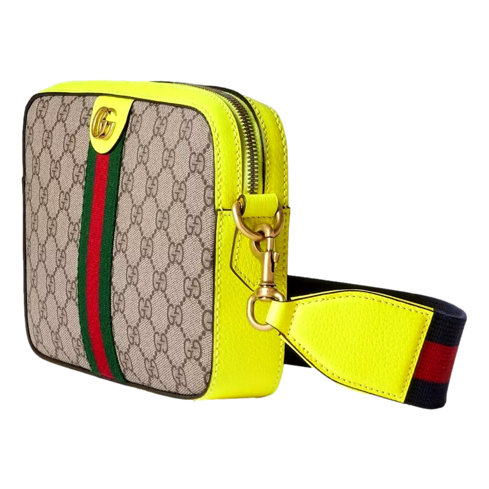 Gucci GG Supreme Canvas Ophidia Small Crossbody Web Stripe Neon Yellow