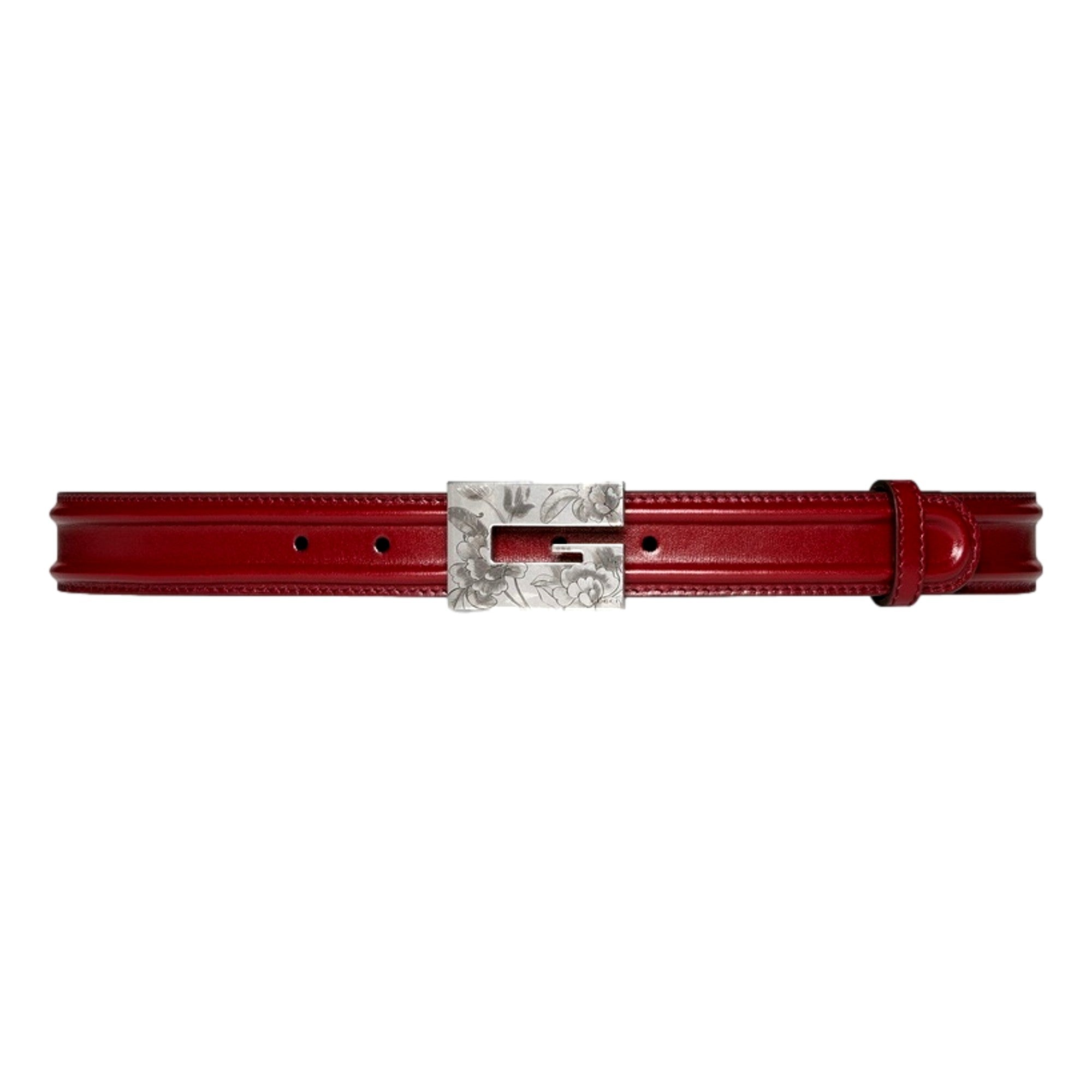Gucci Memorable Floral Engraved G Buckle Leather Belt Burgundy 85/34