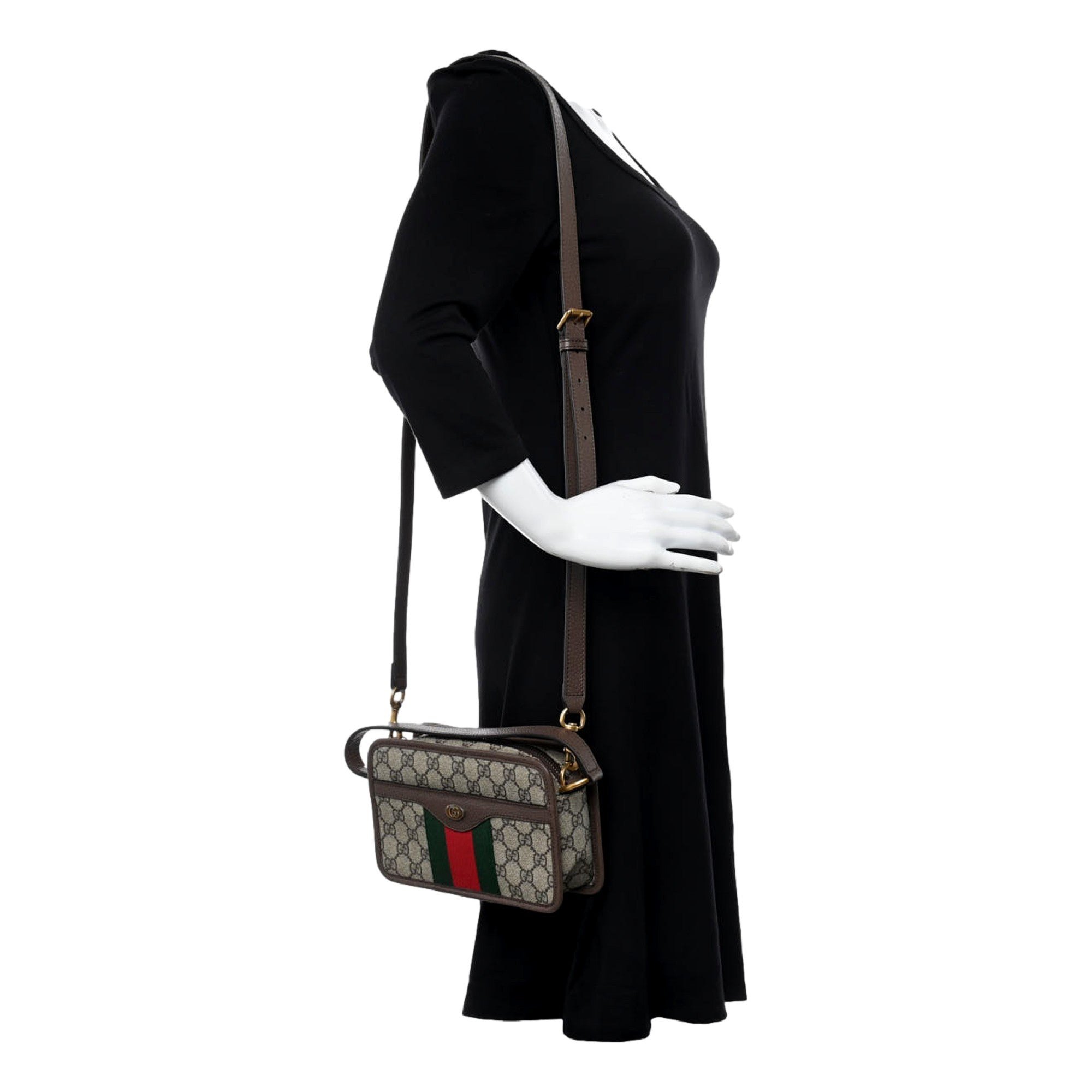 Gucci Ophida GG Supreme Canvas Leather Webstripe Top Handle Crossbody Handbag