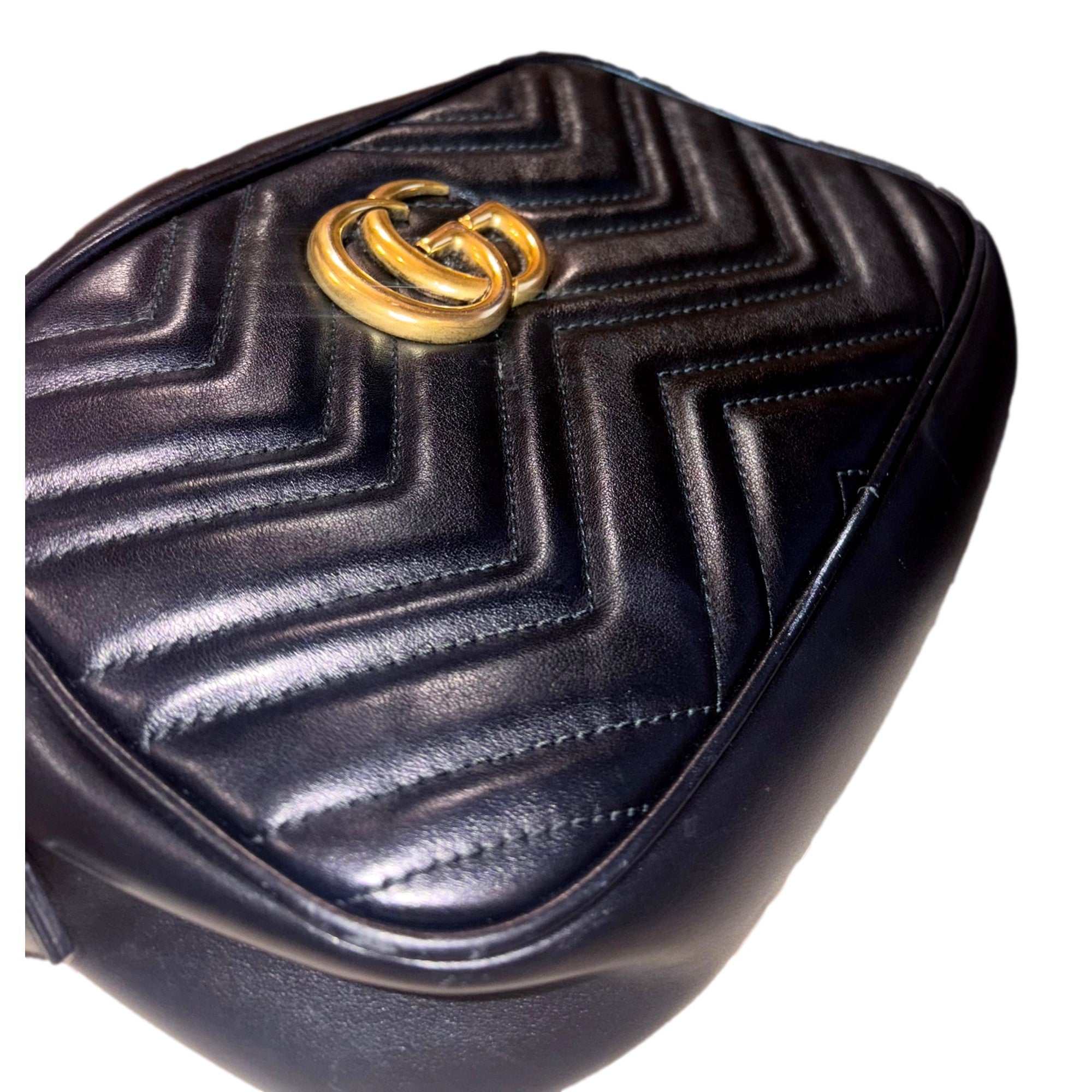 Gucci Calfskin Matelasse Small GG Marmont Chain Crossbody Bag Black