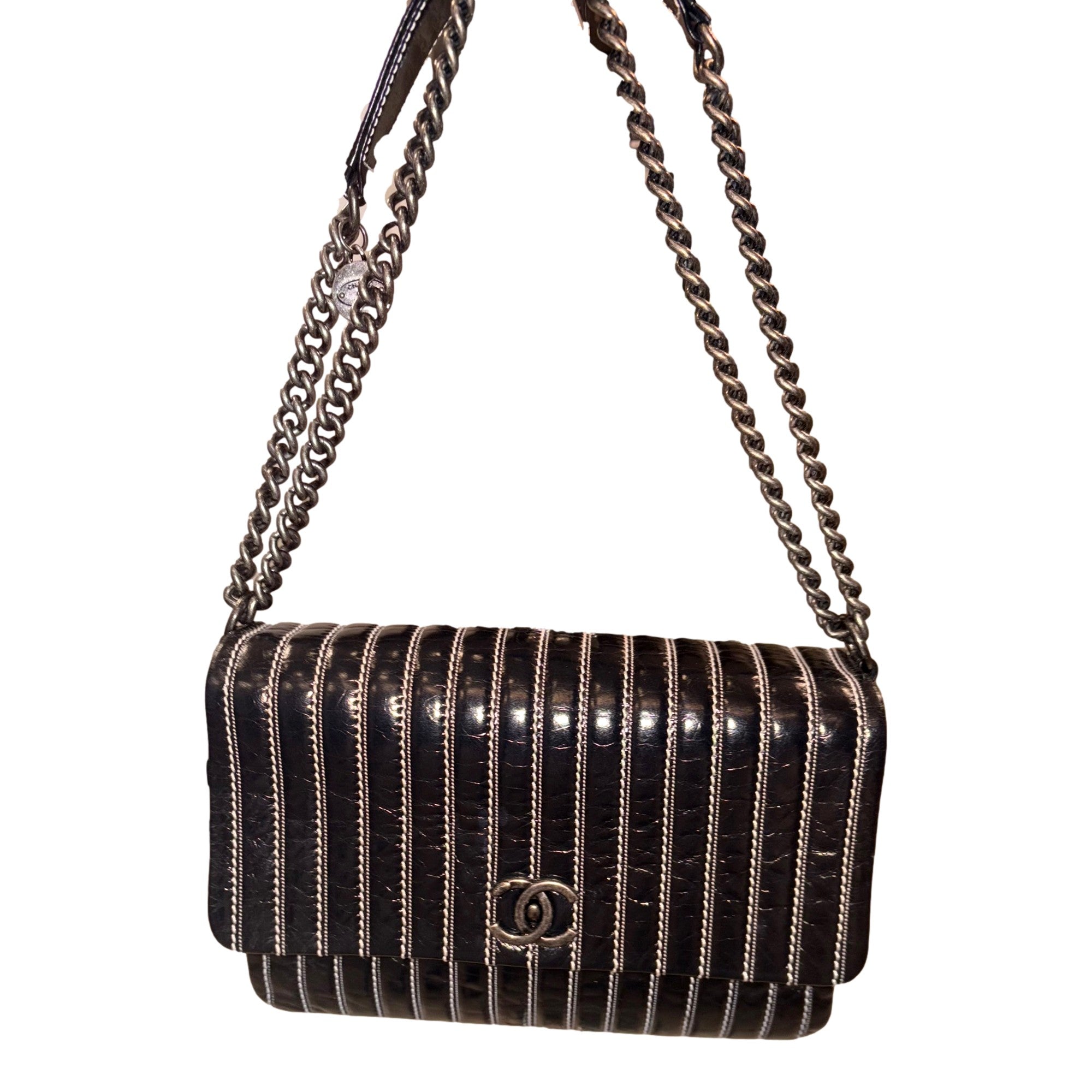 Chanel White Vertical Stitch Black Flap Bag