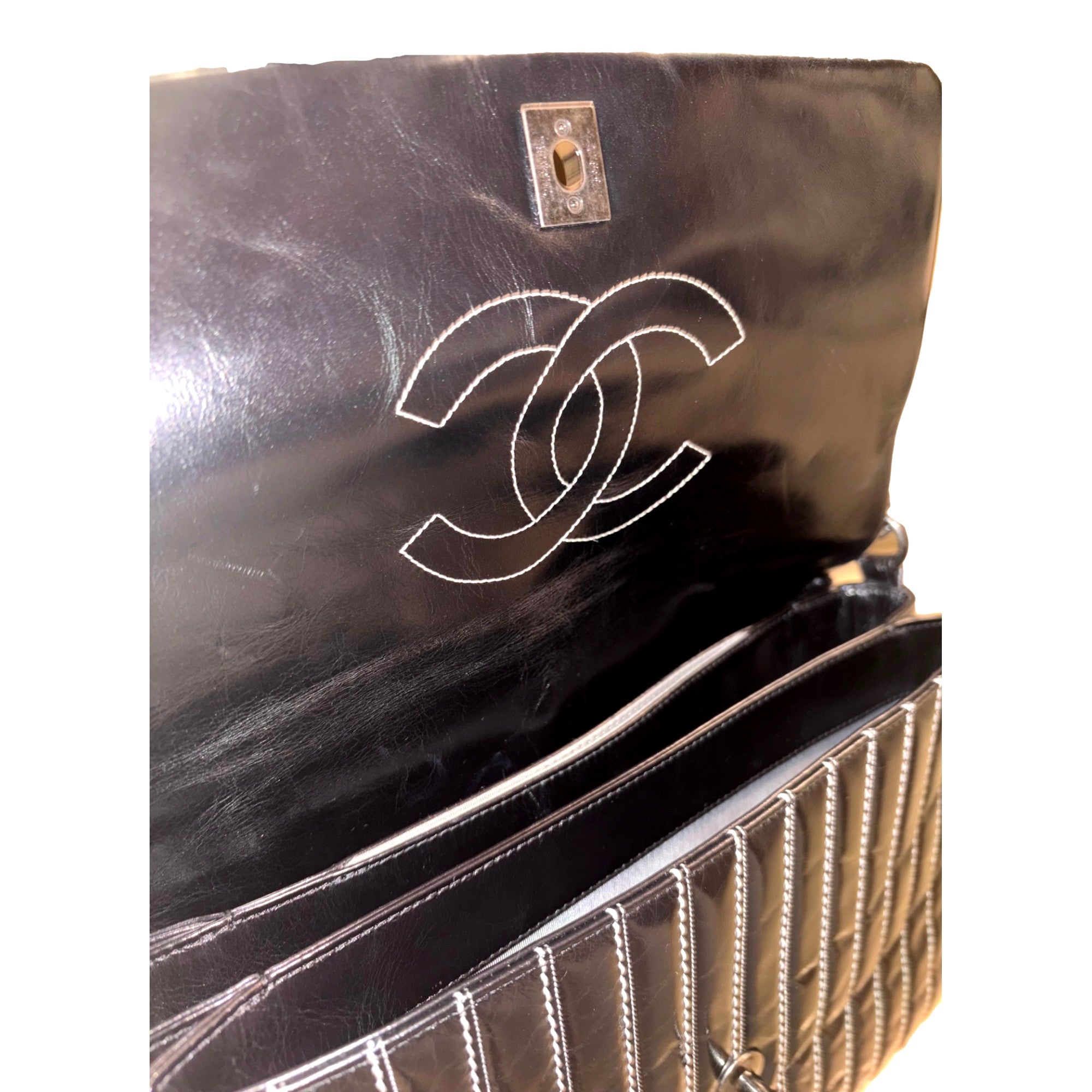 Chanel White Vertical Stitch Black Flap Bag