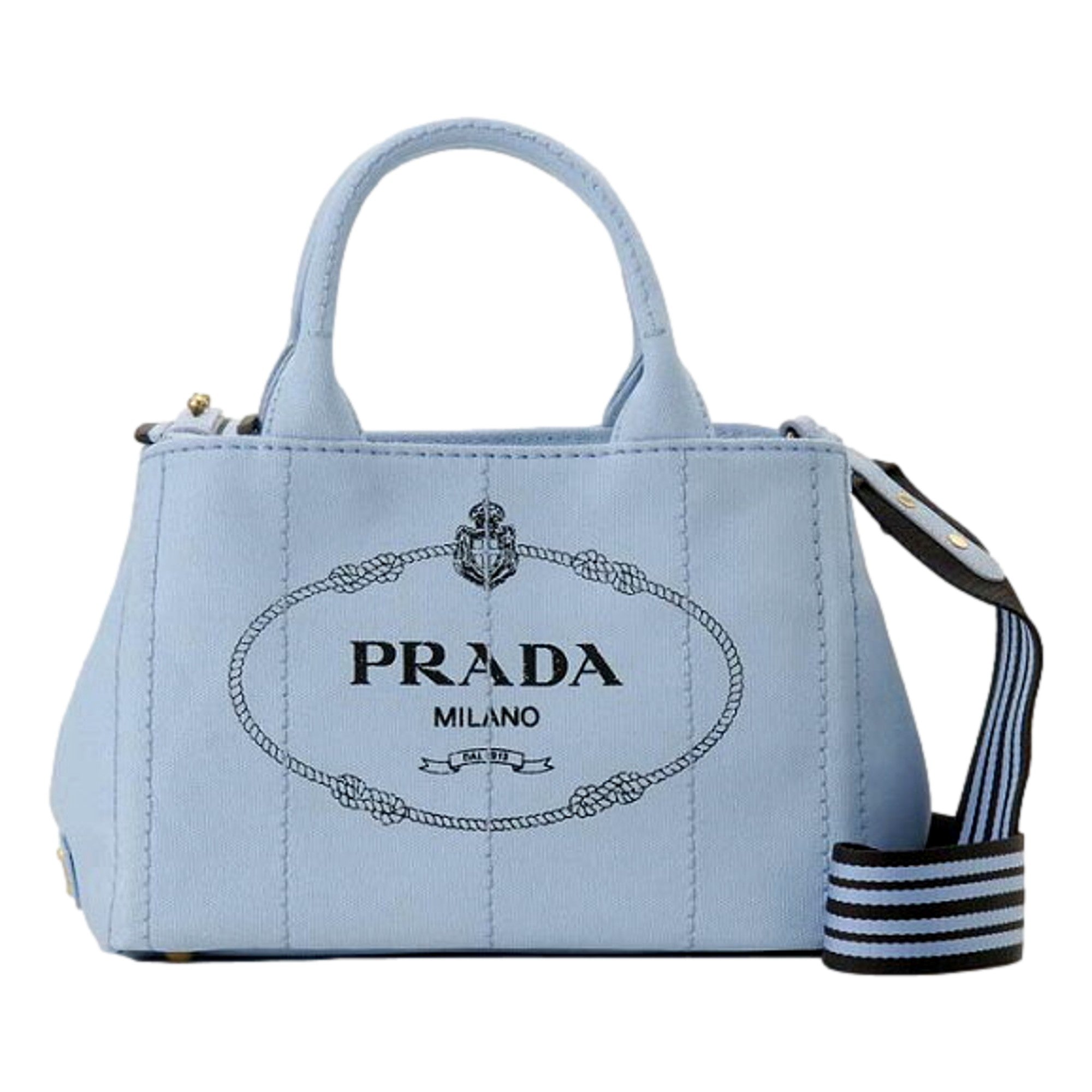 Prada Canapa 2Way Celeste Canvas Denim Blue Black Tote Bag