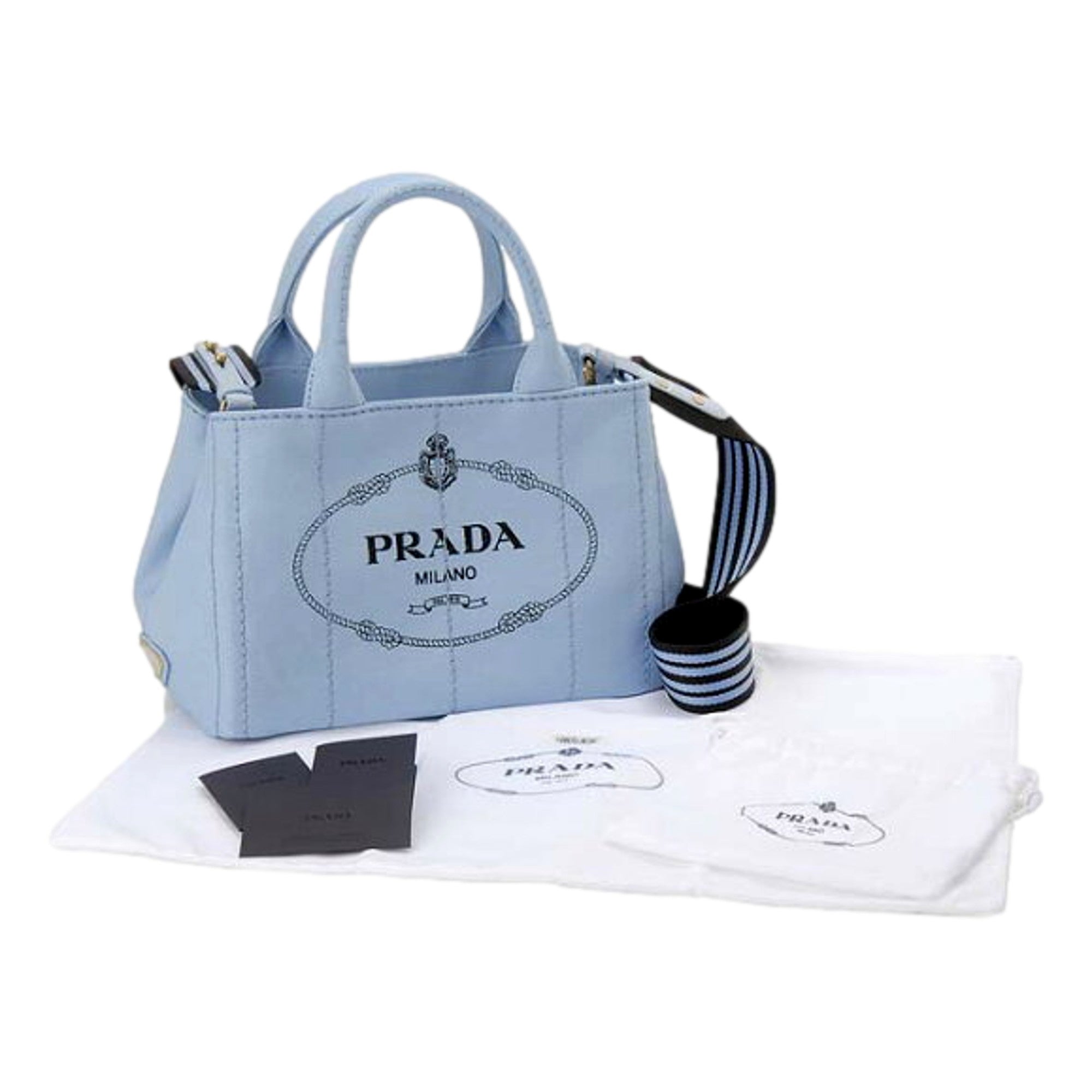 Prada Canapa 2Way Celeste Canvas Denim Blue Black Tote Bag