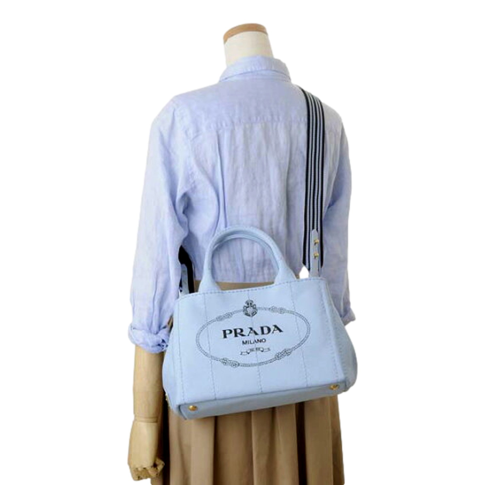Prada Canapa 2Way Celeste Canvas Denim Blue Black Tote Bag