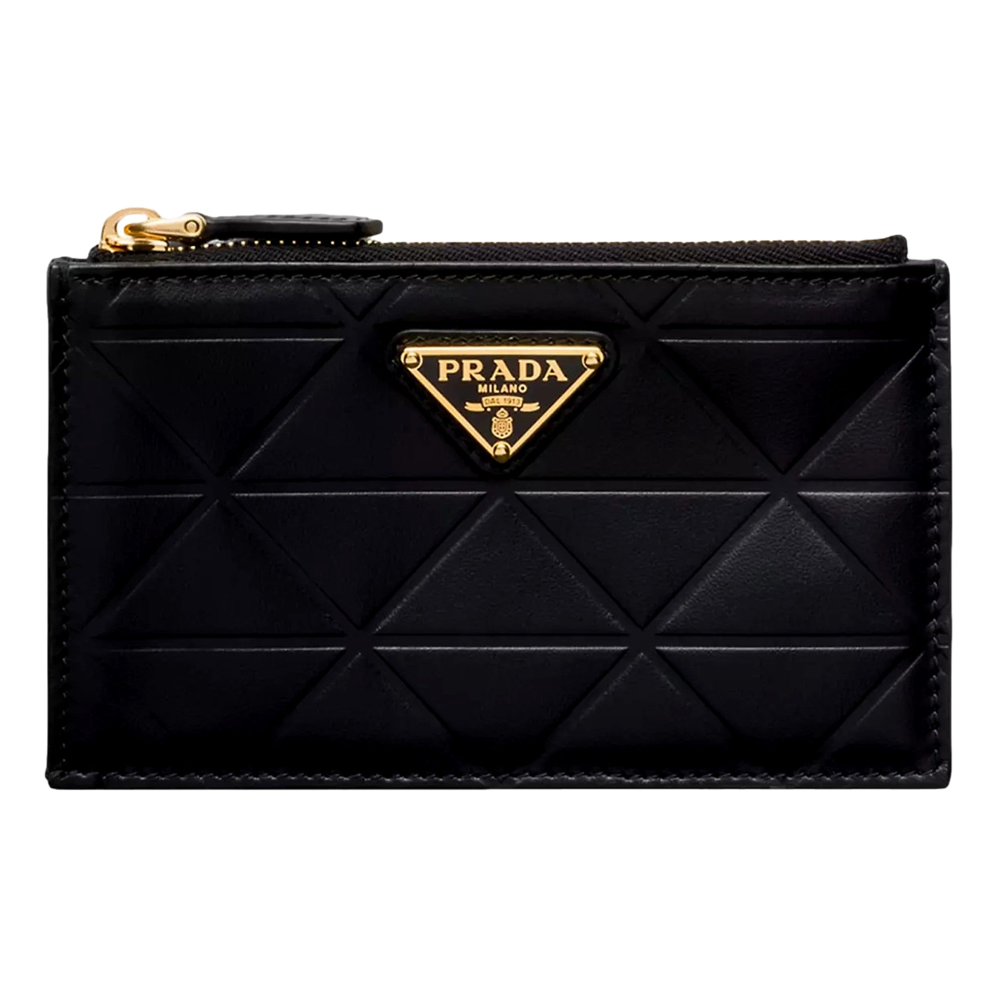 Prada Black Soft Calfskin Leather Gold Triangle Logo Embossed Zipper Card Case Wallet