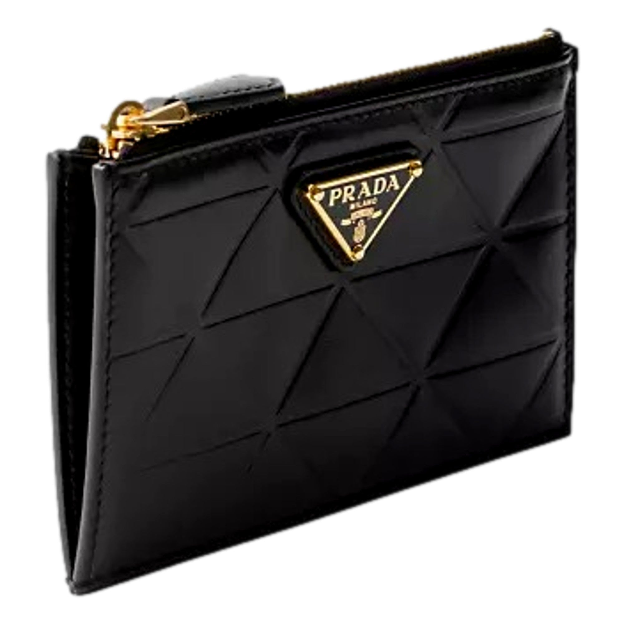 Prada Black Soft Calfskin Leather Gold Triangle Logo Embossed Zipper Card Case Wallet