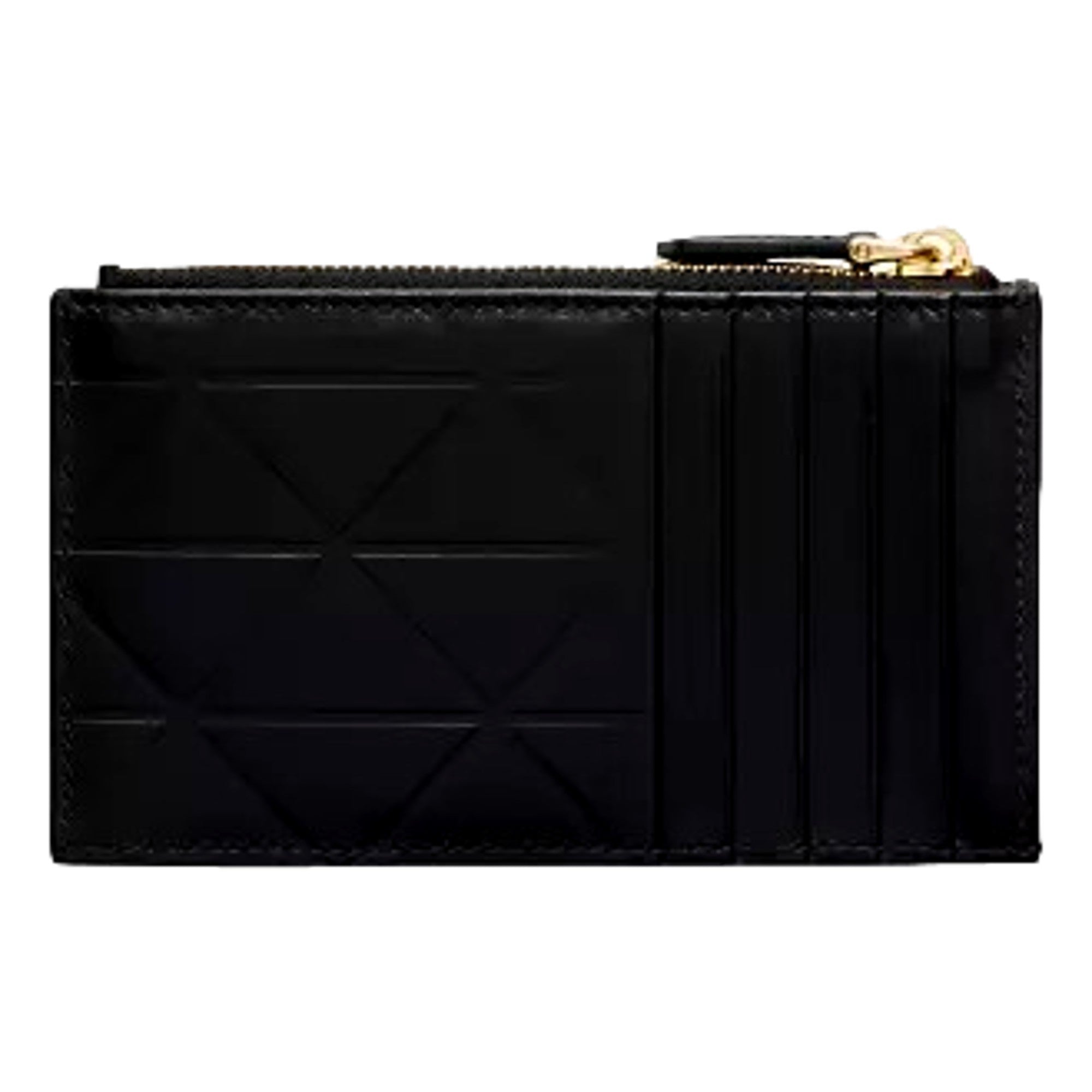 Prada Black Soft Calfskin Leather Gold Triangle Logo Embossed Zipper Card Case Wallet