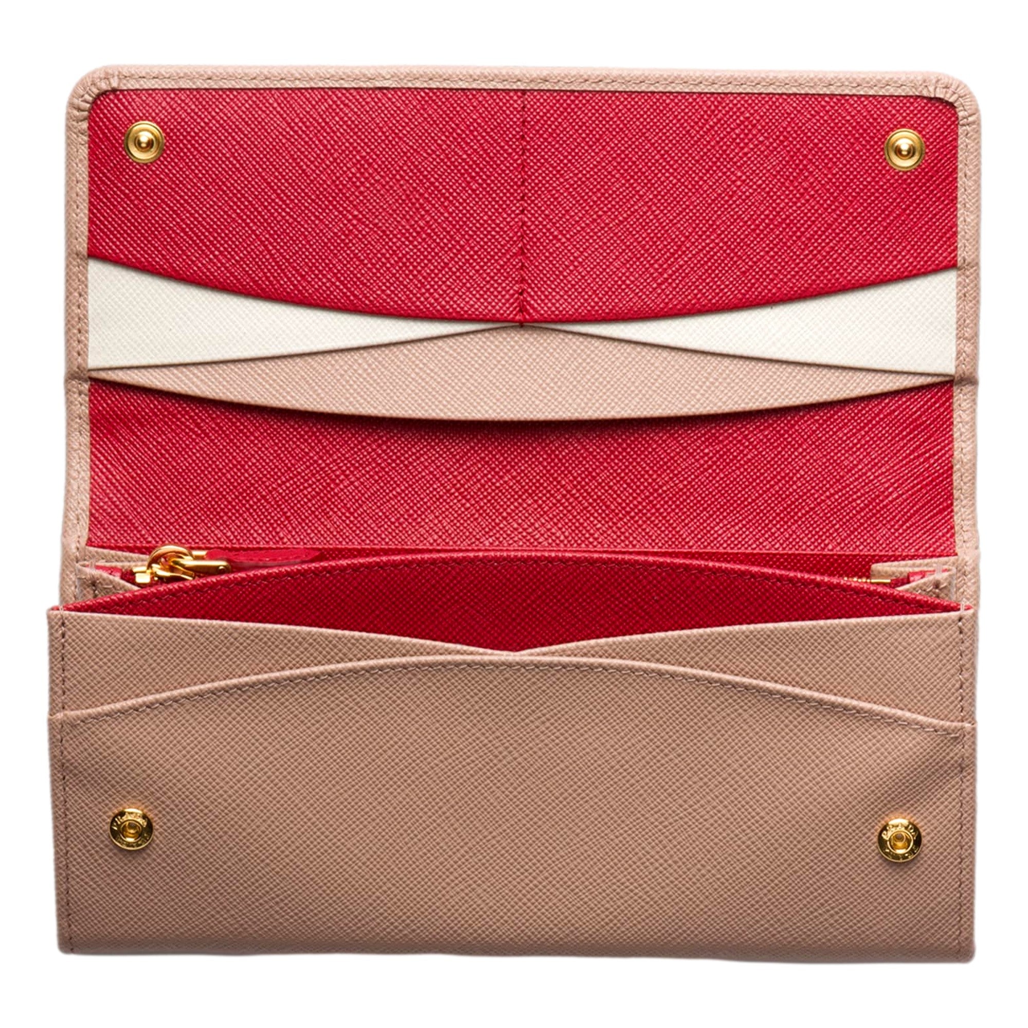 Prada Saffiano Leather Sand Beige Rosso Red Multicolor Long Wallet with Zipper
