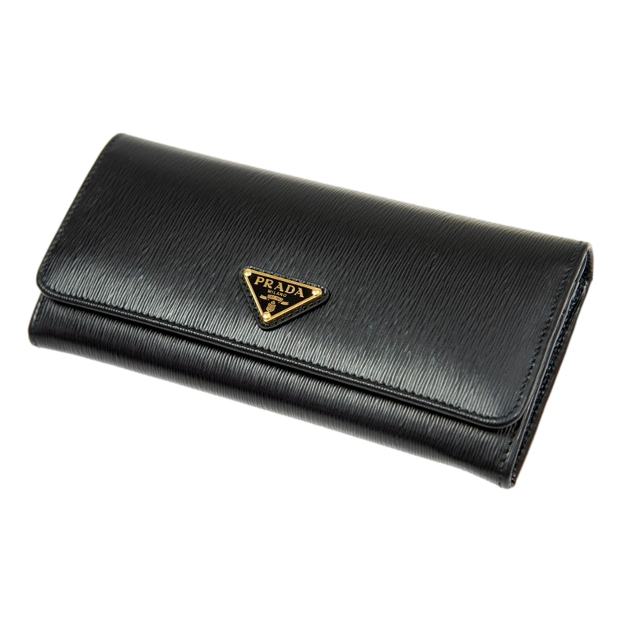 Prada Vitello Move Nero Black Leather Continental Long Wallet Gold Triangle Logo
