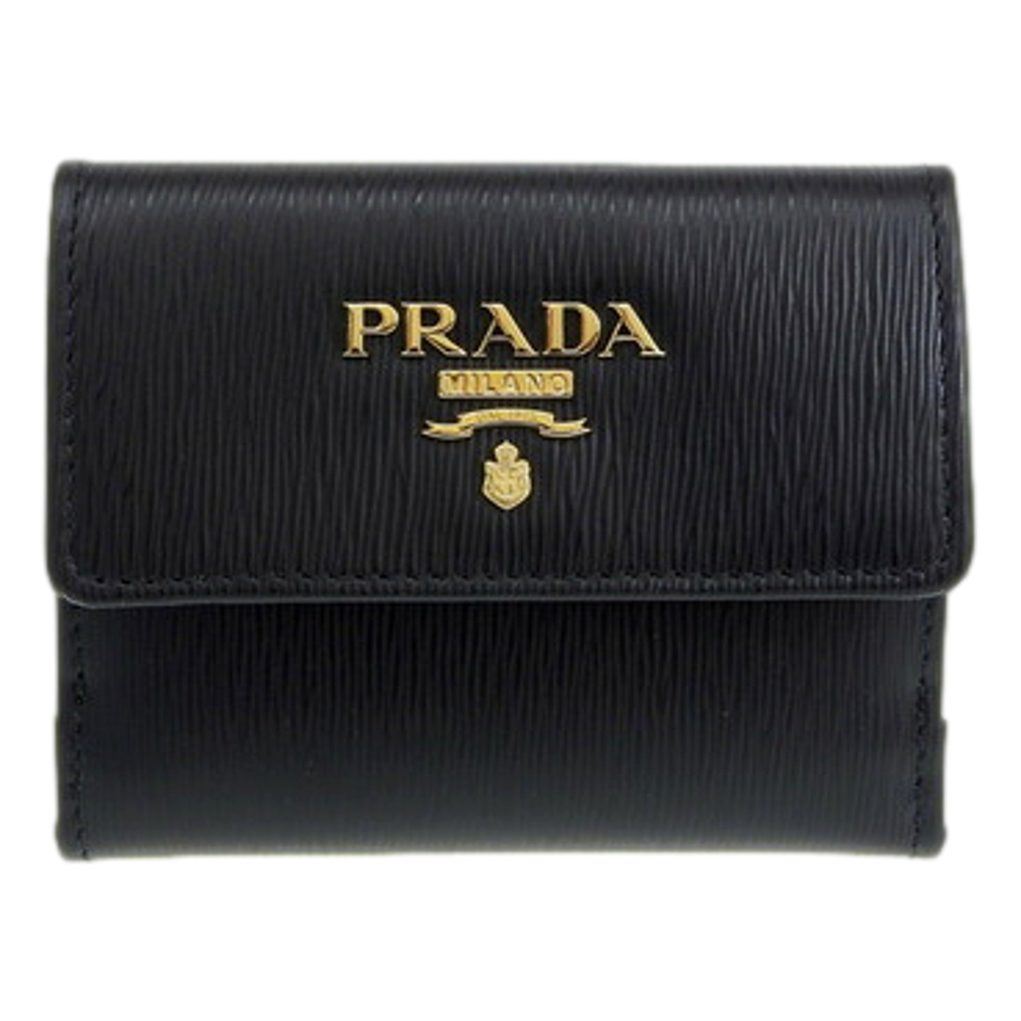 Prada Vitello Move Nero Black Trifold ID Holder Snap Wallet