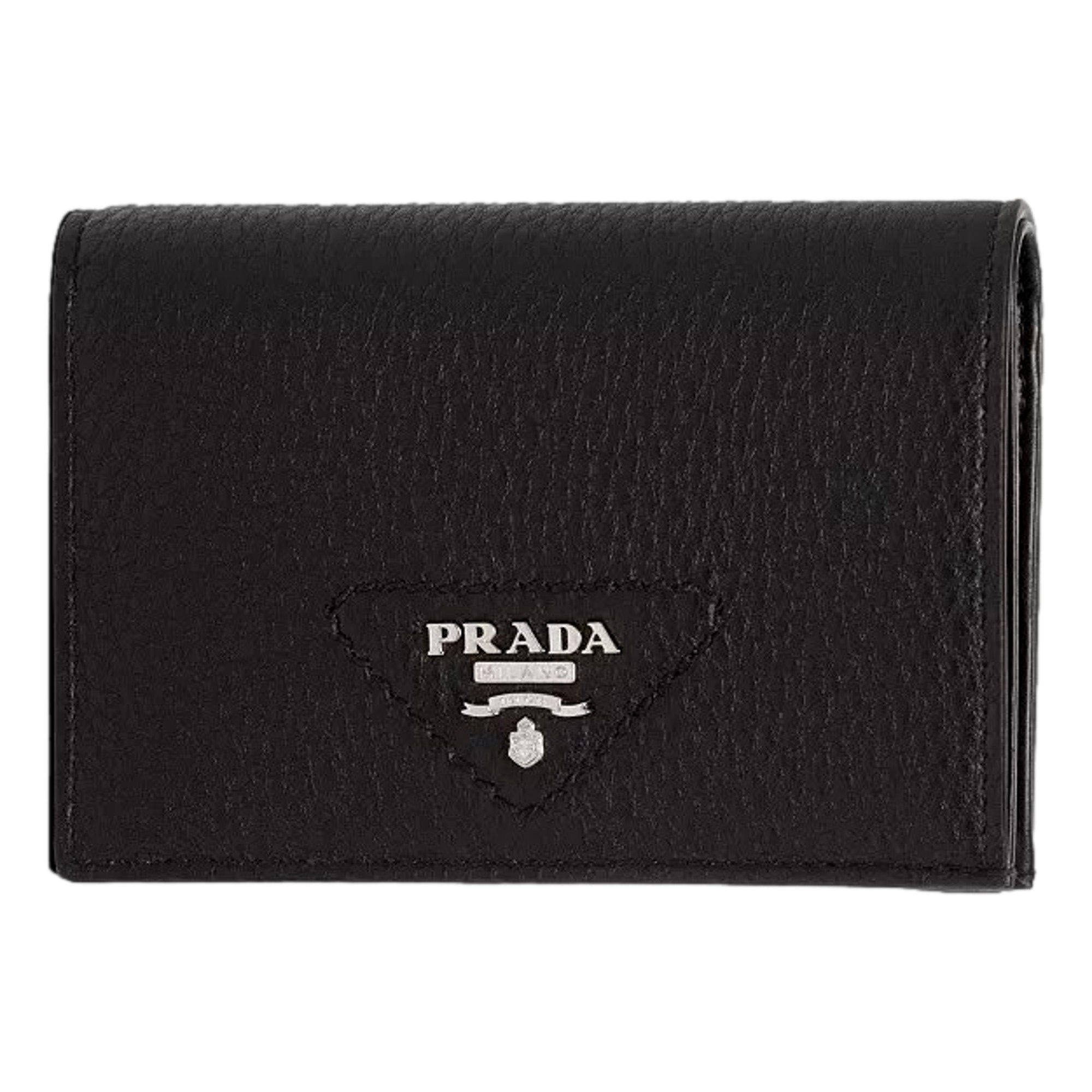 Prada Nero Black Vitello Daino Silver Triangle Logo Wallet Zipper Coin Pouch
