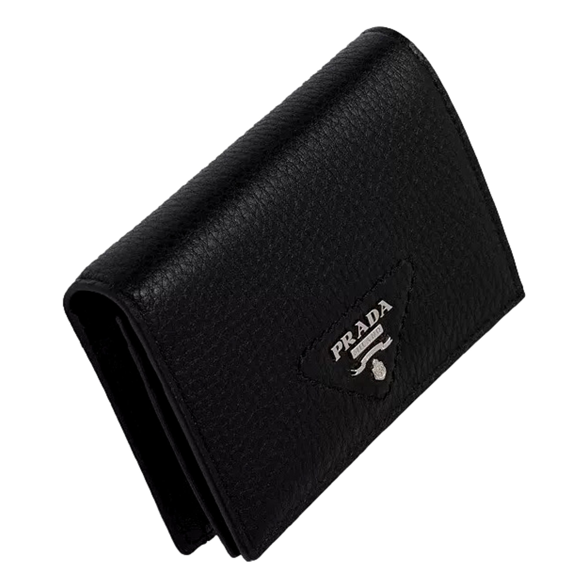 Prada Nero Black Vitello Daino Silver Triangle Logo Wallet Zipper Coin Pouch
