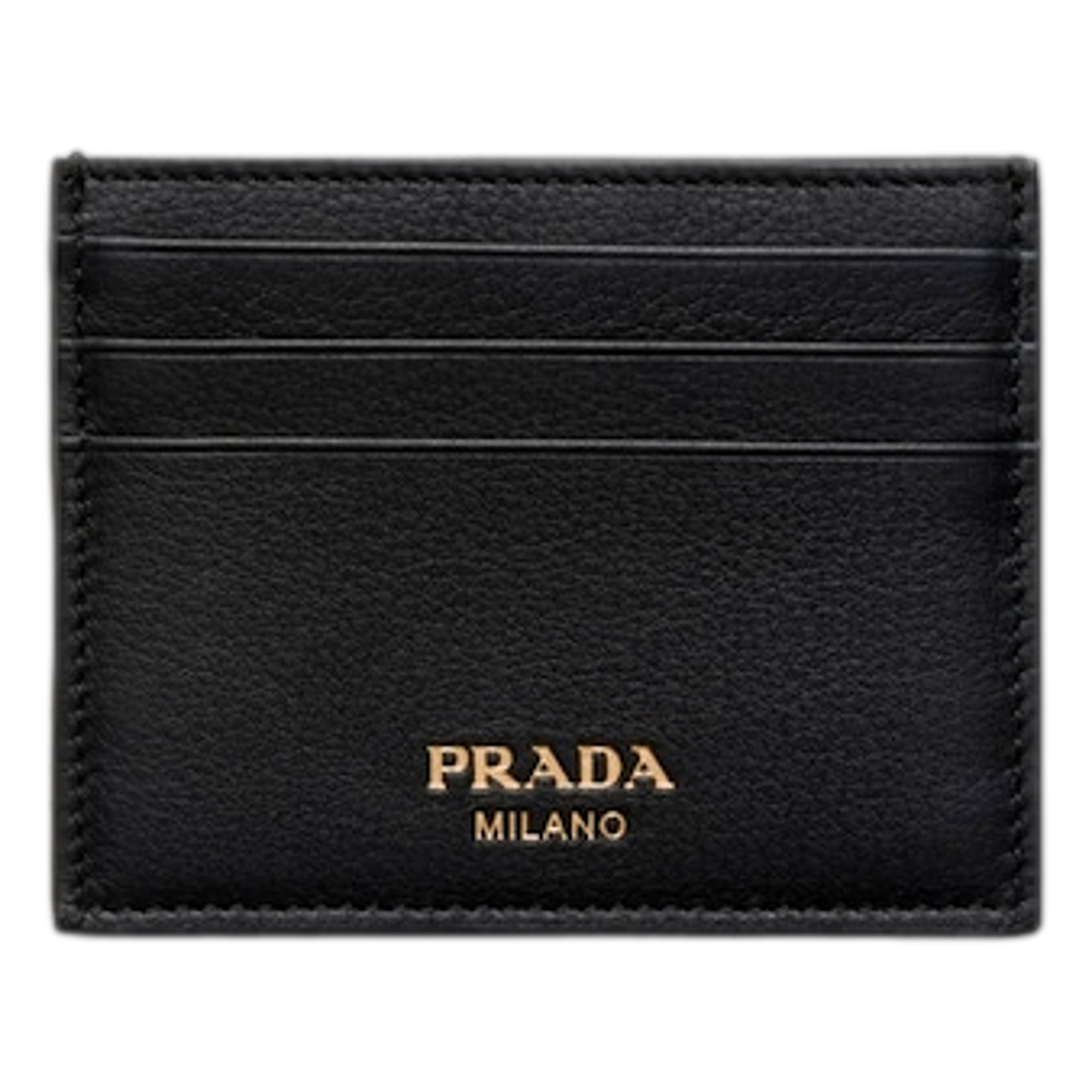Prada Black Soft Grain Leather Gold Embossed Logo Card Holder Wallet