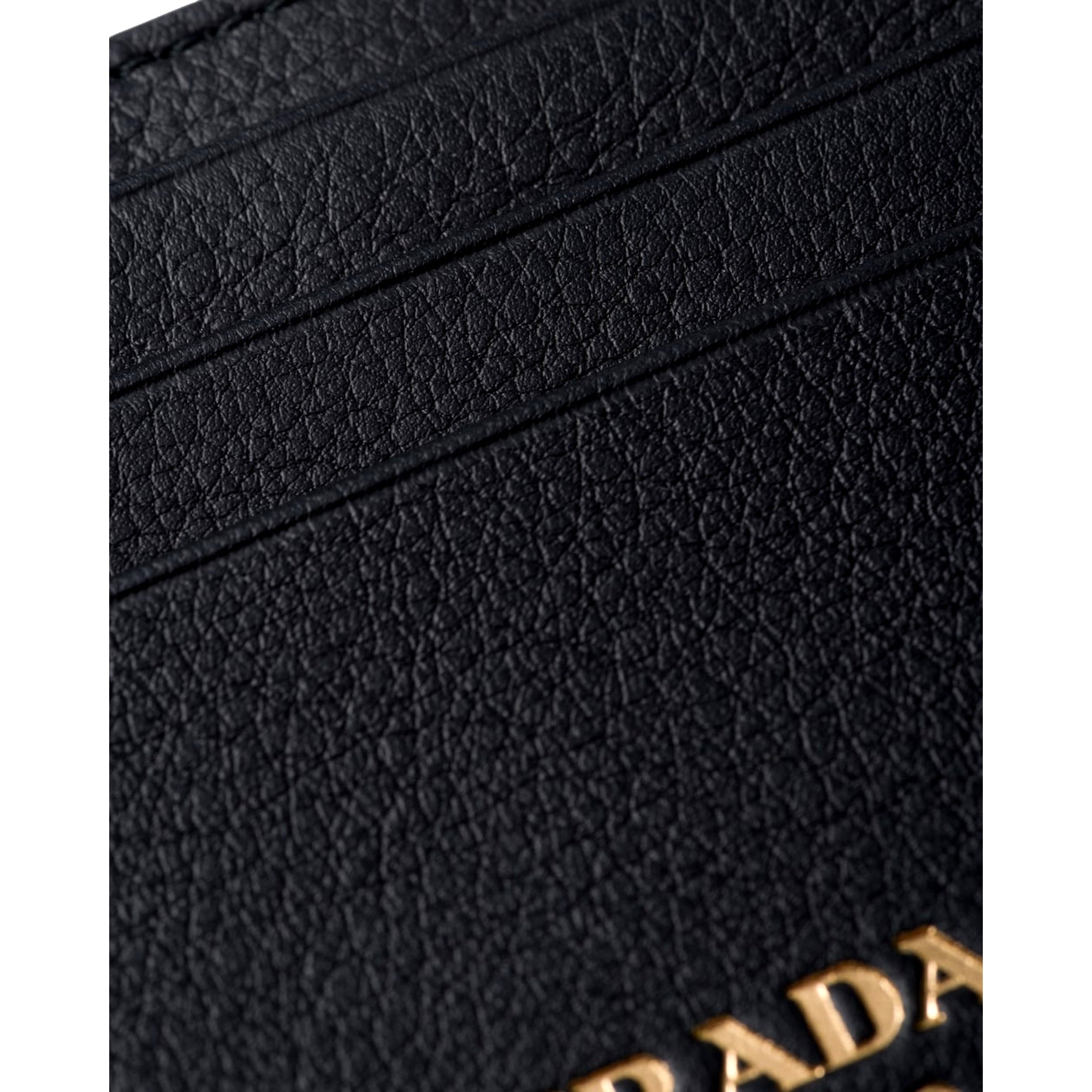 Prada Black Soft Grain Leather Gold Embossed Logo Card Holder Wallet