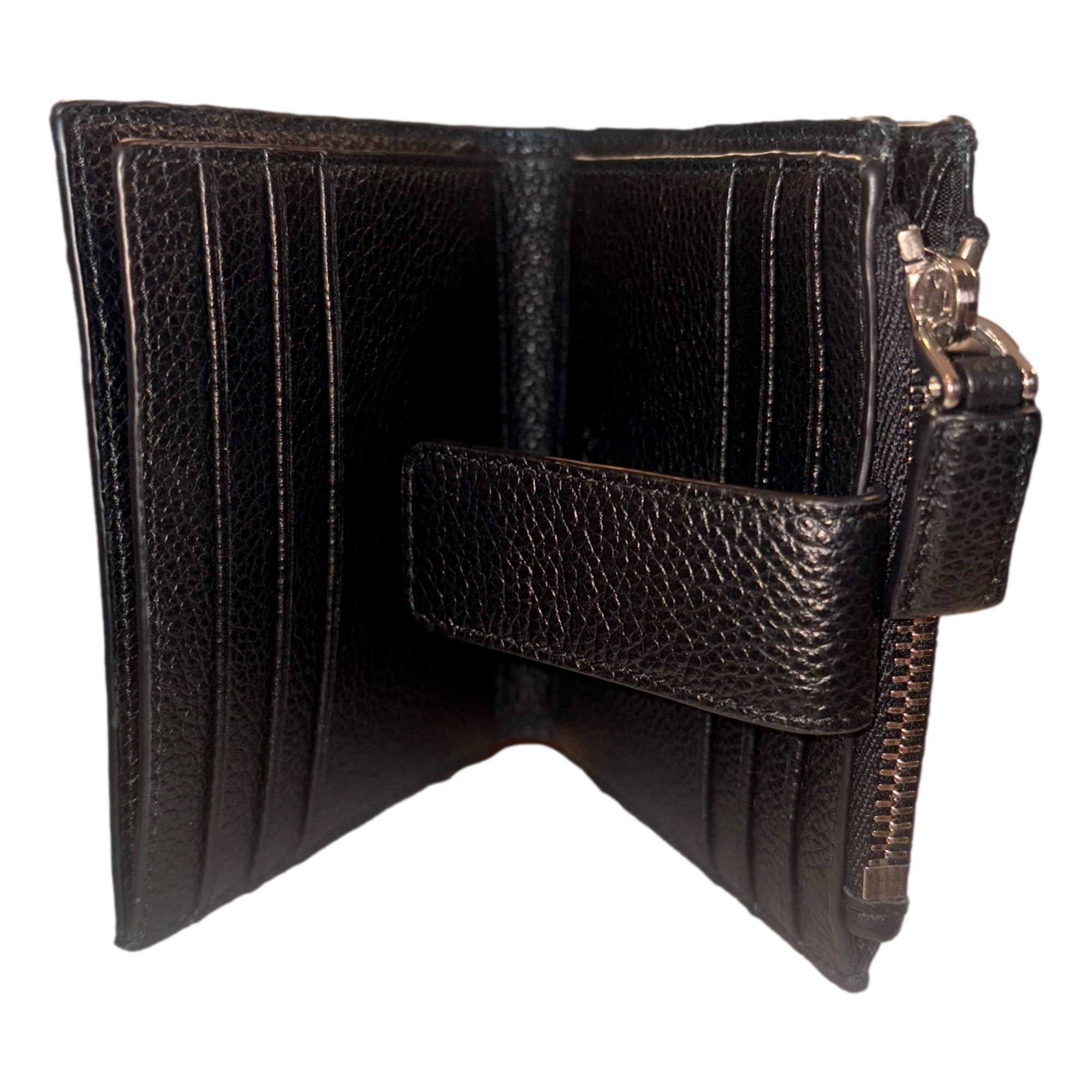 Prada Black Vitello Grain Leather Card Case Bifold Wallet with Zipper Coin Pouch