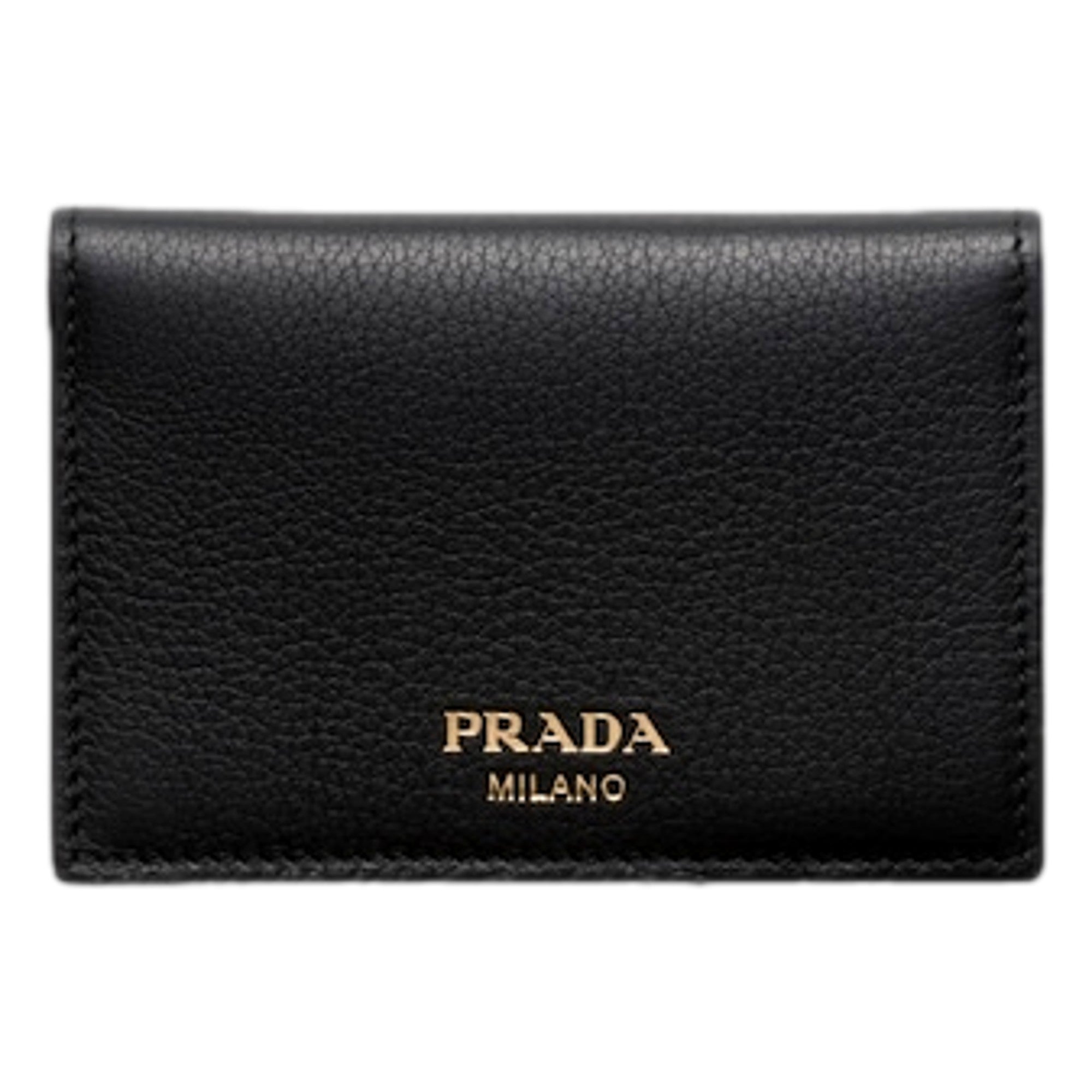 Prada Black Soft Grain Leather Gold Embossed Logo Folding Card Holder Wallet