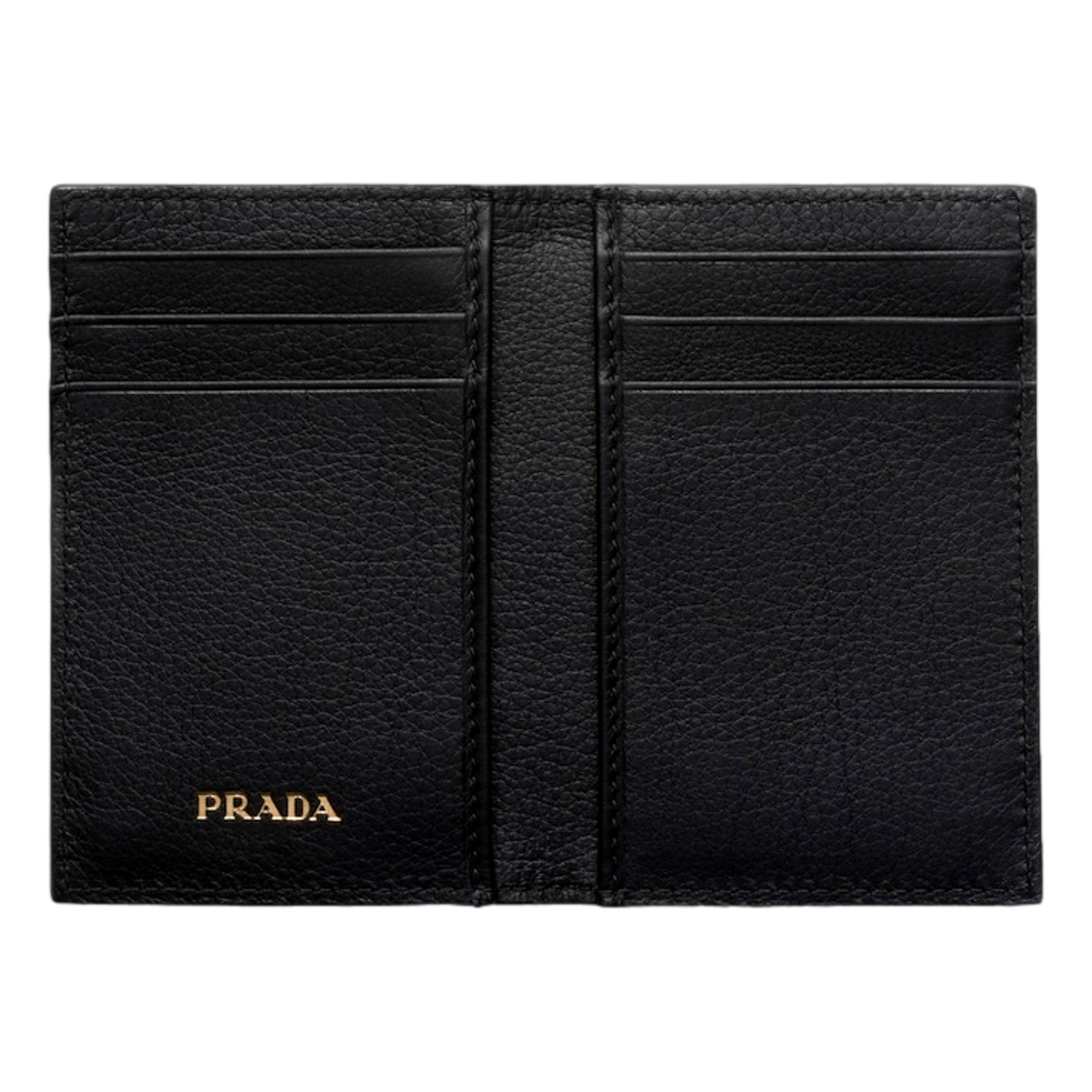 Prada Black Soft Grain Leather Gold Embossed Logo Folding Card Holder Wallet