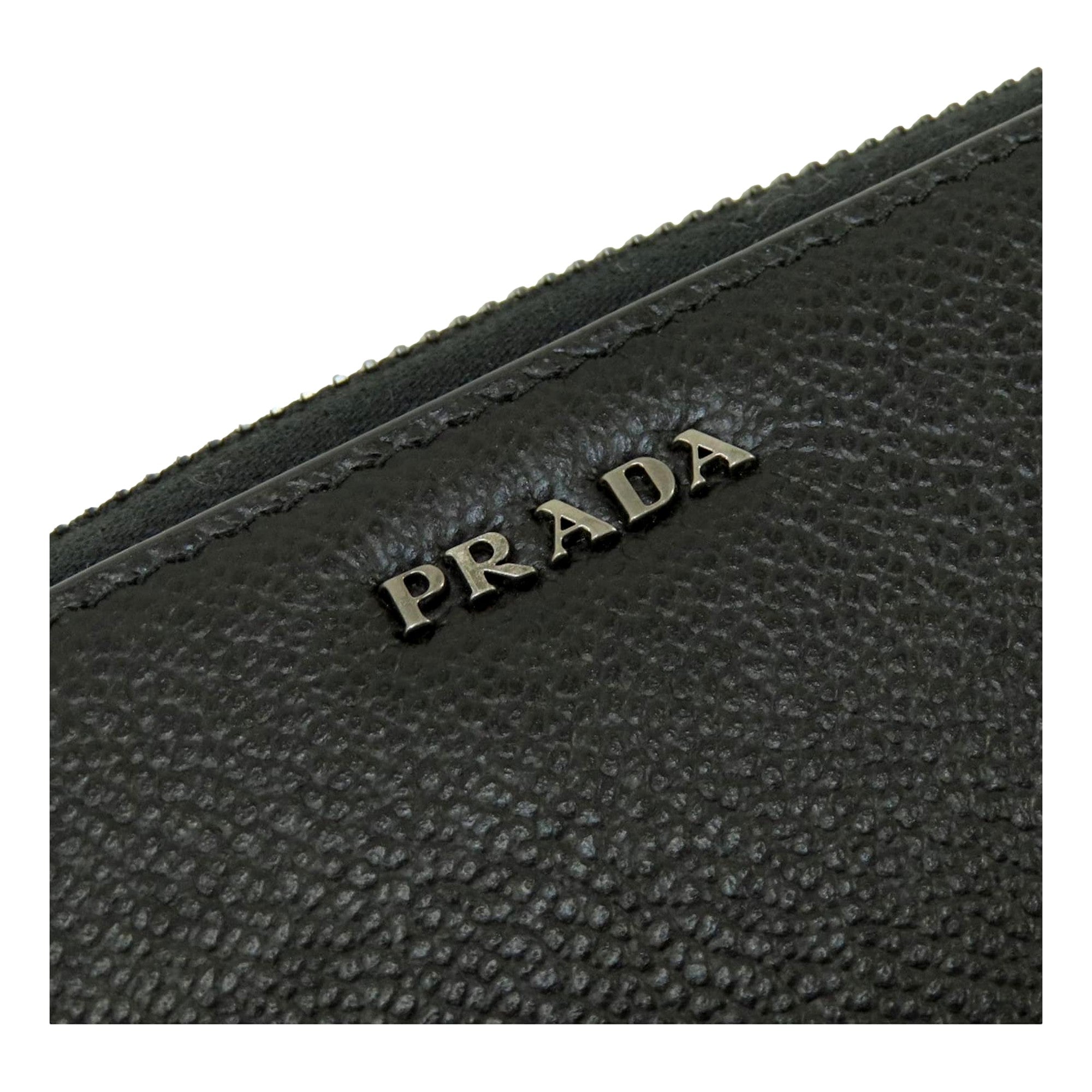 Prada Vitello Grain Long Black and Grey Zip Around Continental Wallet
