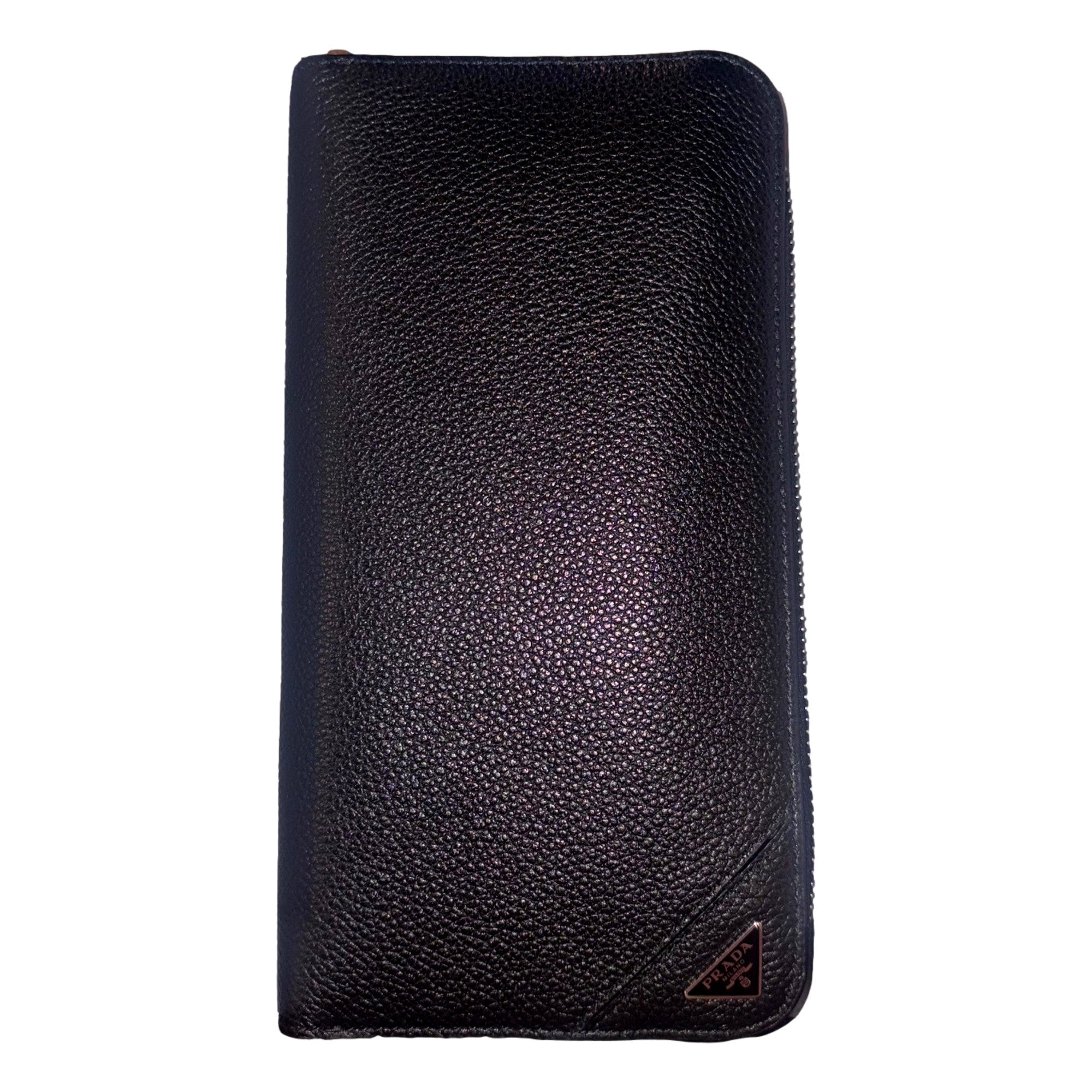 Prada Vitello Micro Grain Long Black Zip Around Continental Wallet Triangle Logo
