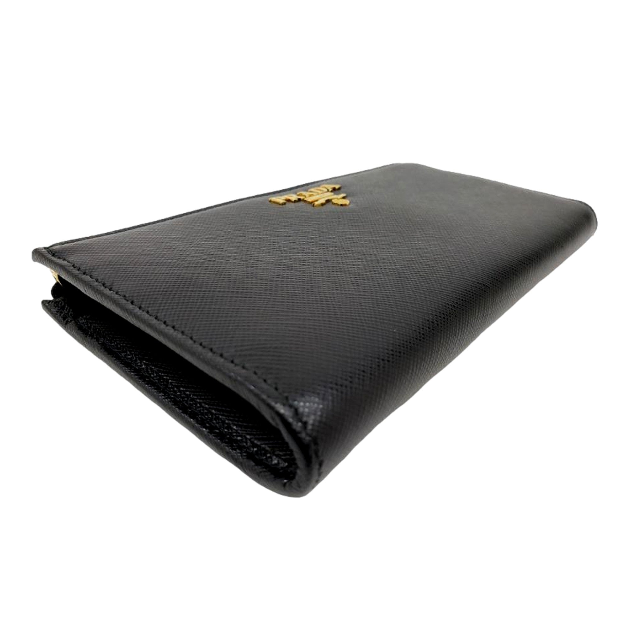 Prada Saffiano Long Continental Zip Wallet Black Leather Gold Logo