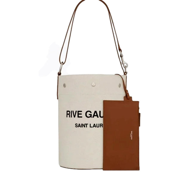 Saint Laurent Rive Gauche Brown Leather Trim Linen Bucket