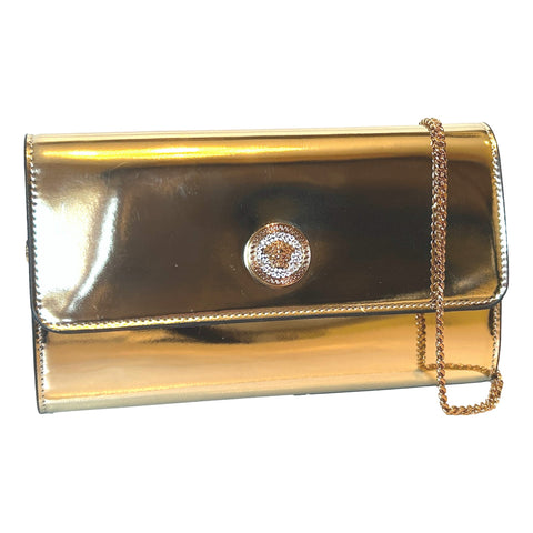 Versace La Medusa Crystal Clutch Crossbody Bag Metallic Gold Leather