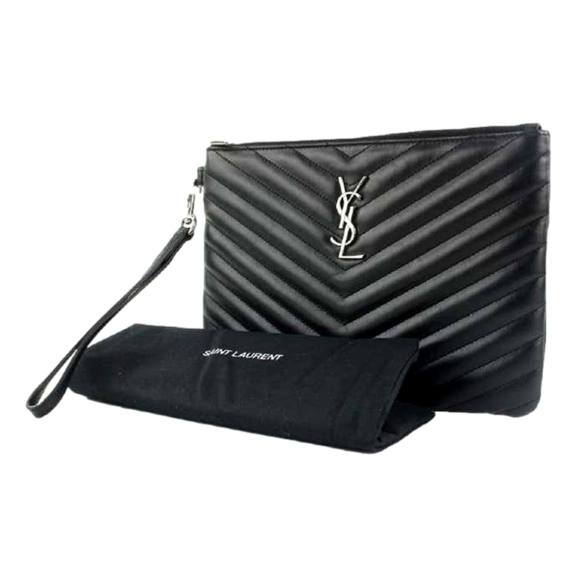Saint Laurent YSL Black Calfskin Matelasse Chevron Monogram A5 Wristlet Clutch