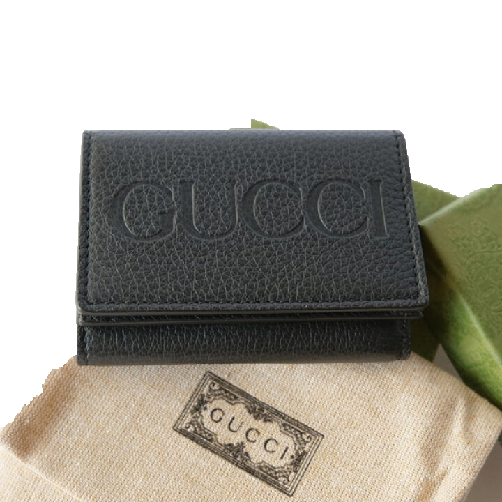 Gucci Embossed Logo Mini Tri-Fold Wallet Black Pebbled Leather