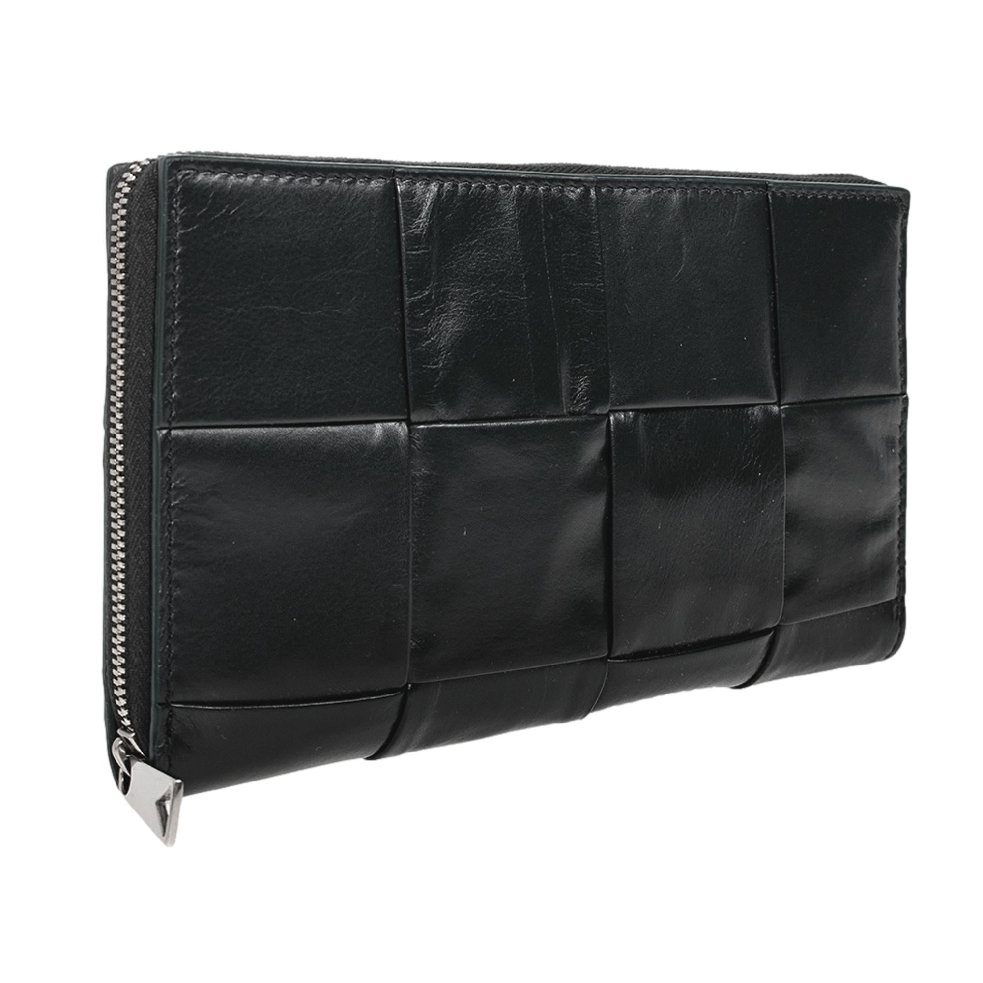 Bottega Veneta Intrecciato Cassette Black Leather Zip Around Continental Calfskin Wallet at_Queen_Bee_of_Beverly_Hills