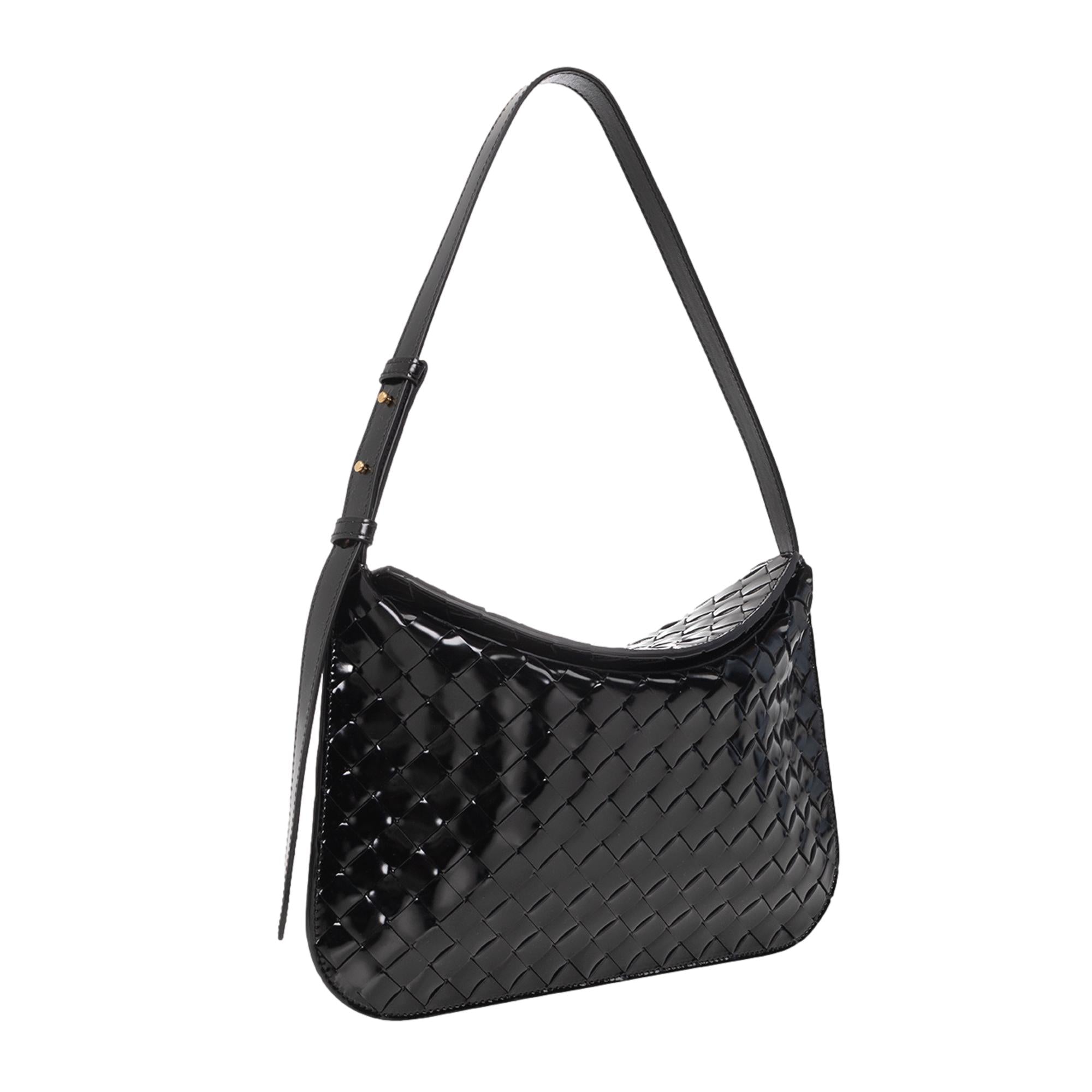 Bottega Veneta Intrecciato Patent Black Leather Flap Small Shoulder Bag at_Queen_Bee_of_Beverly_Hills
