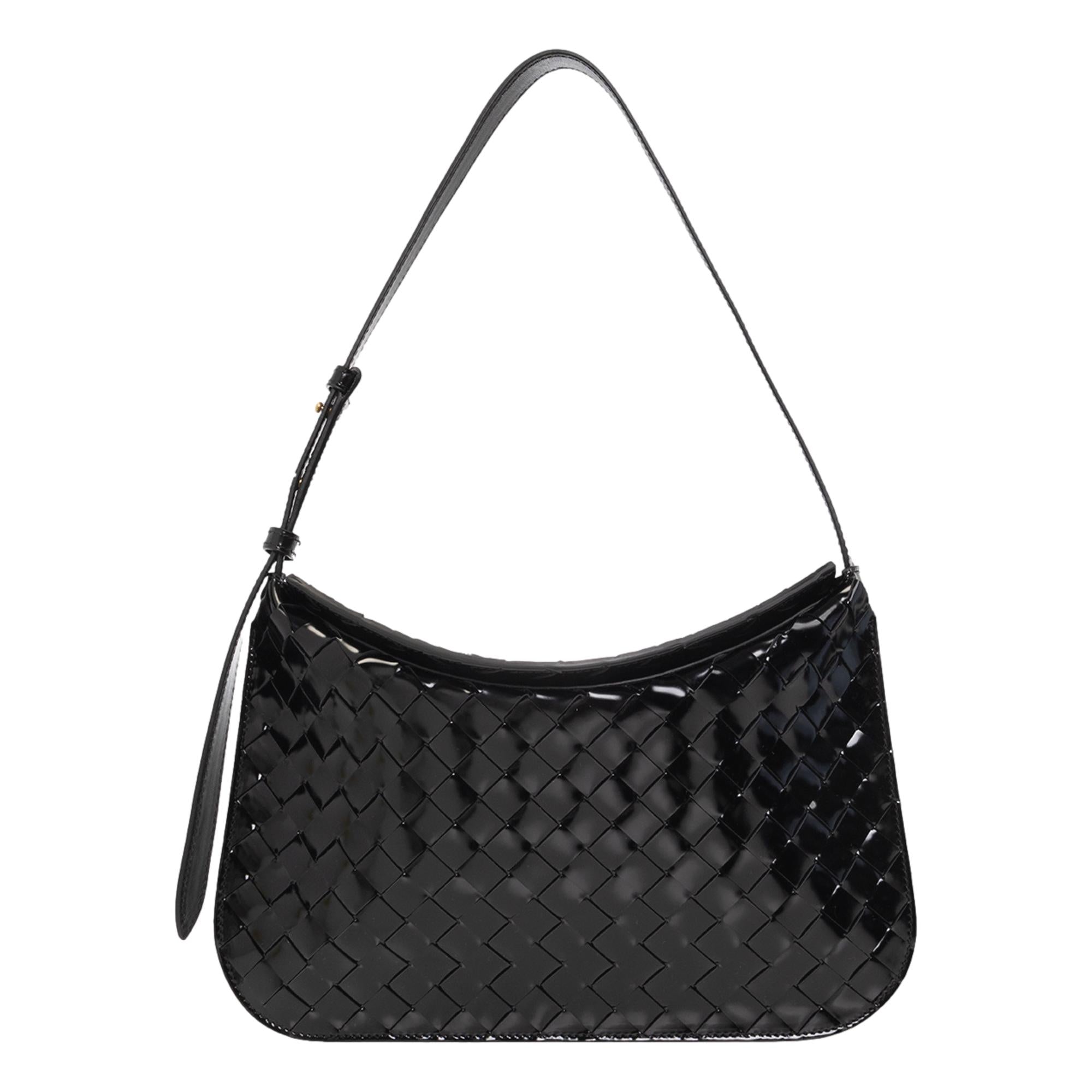Bottega Veneta Intrecciato Patent Black Leather Flap Small Shoulder Bag at_Queen_Bee_of_Beverly_Hills