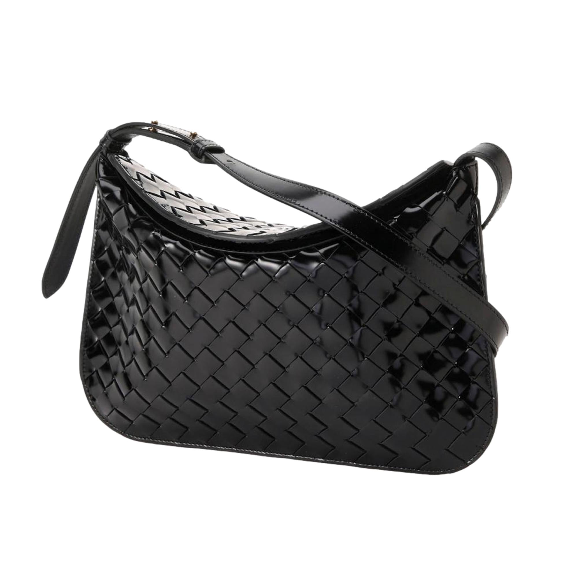 Bottega Veneta Intrecciato Patent Black Leather Flap Small Shoulder Bag at_Queen_Bee_of_Beverly_Hills