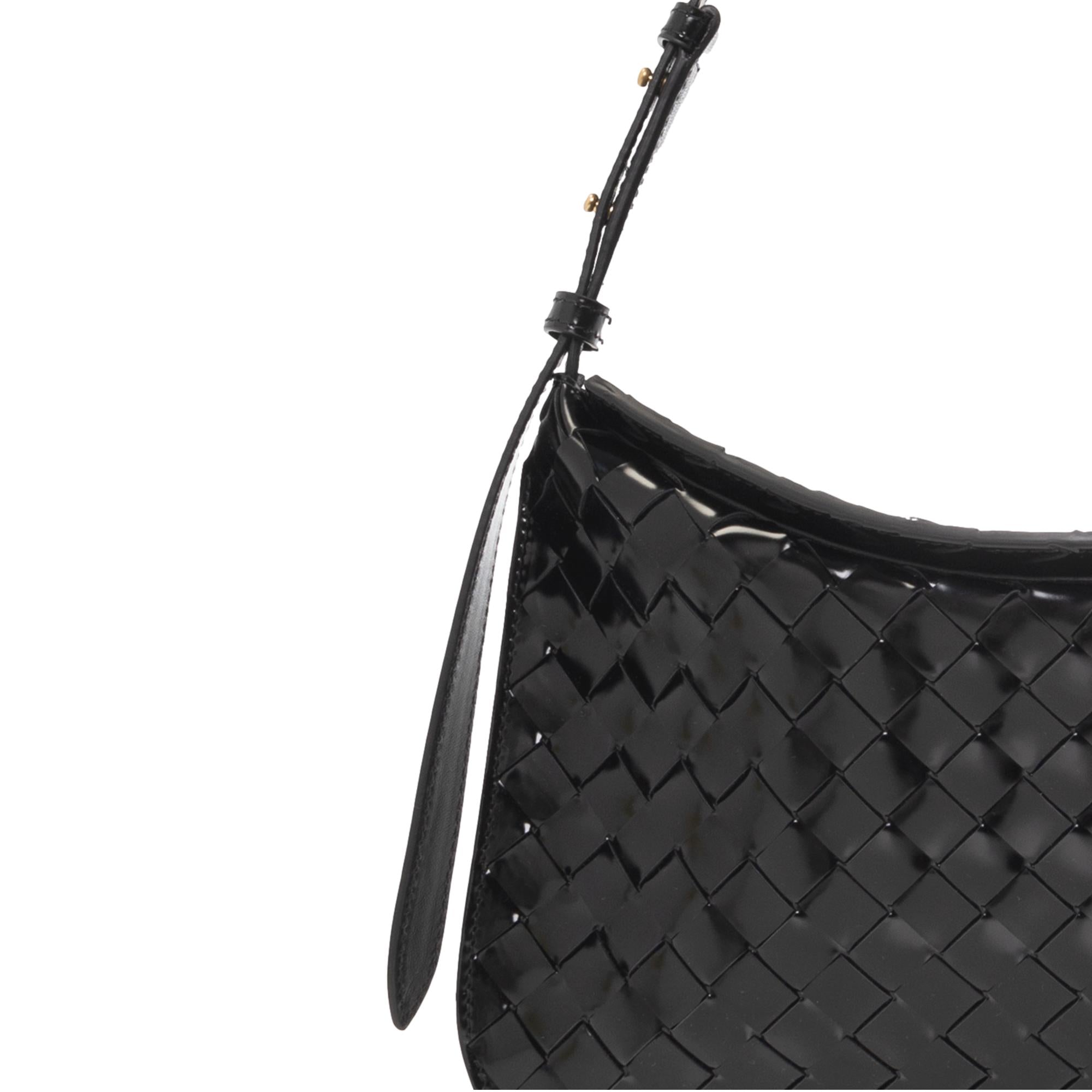 Bottega Veneta Intrecciato Patent Black Leather Flap Small Shoulder Bag at_Queen_Bee_of_Beverly_Hills
