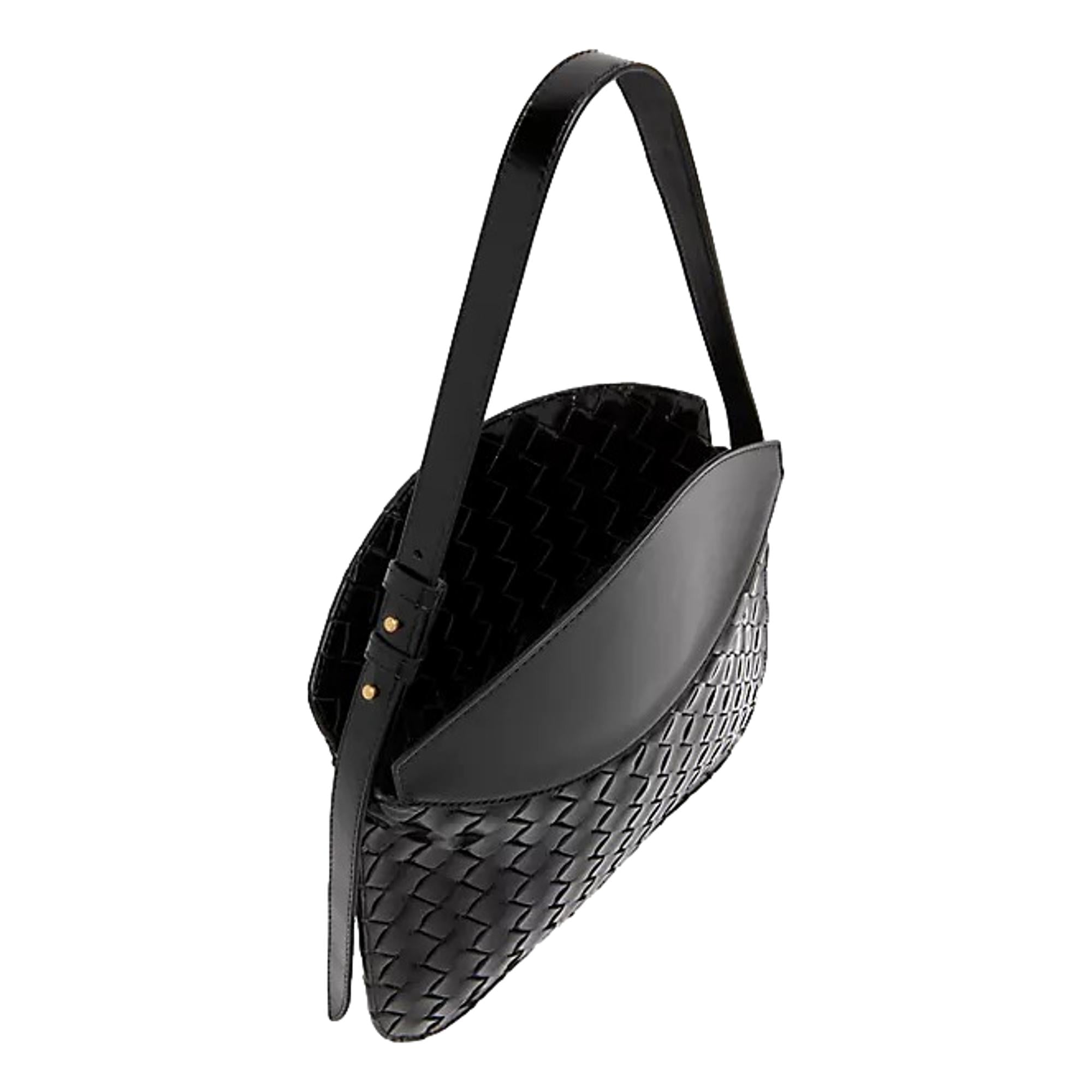 Bottega Veneta Intrecciato Patent Black Leather Flap Small Shoulder Bag at_Queen_Bee_of_Beverly_Hills