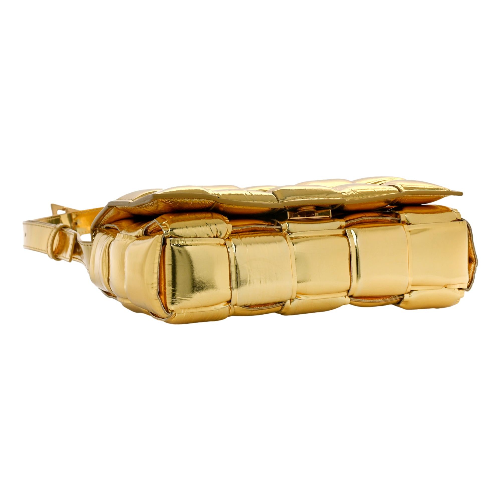 Bottega Veneta Padded Cassette Metallic Gold Lambskin Crossbody Bag at_Queen_Bee_of_Beverly_Hills