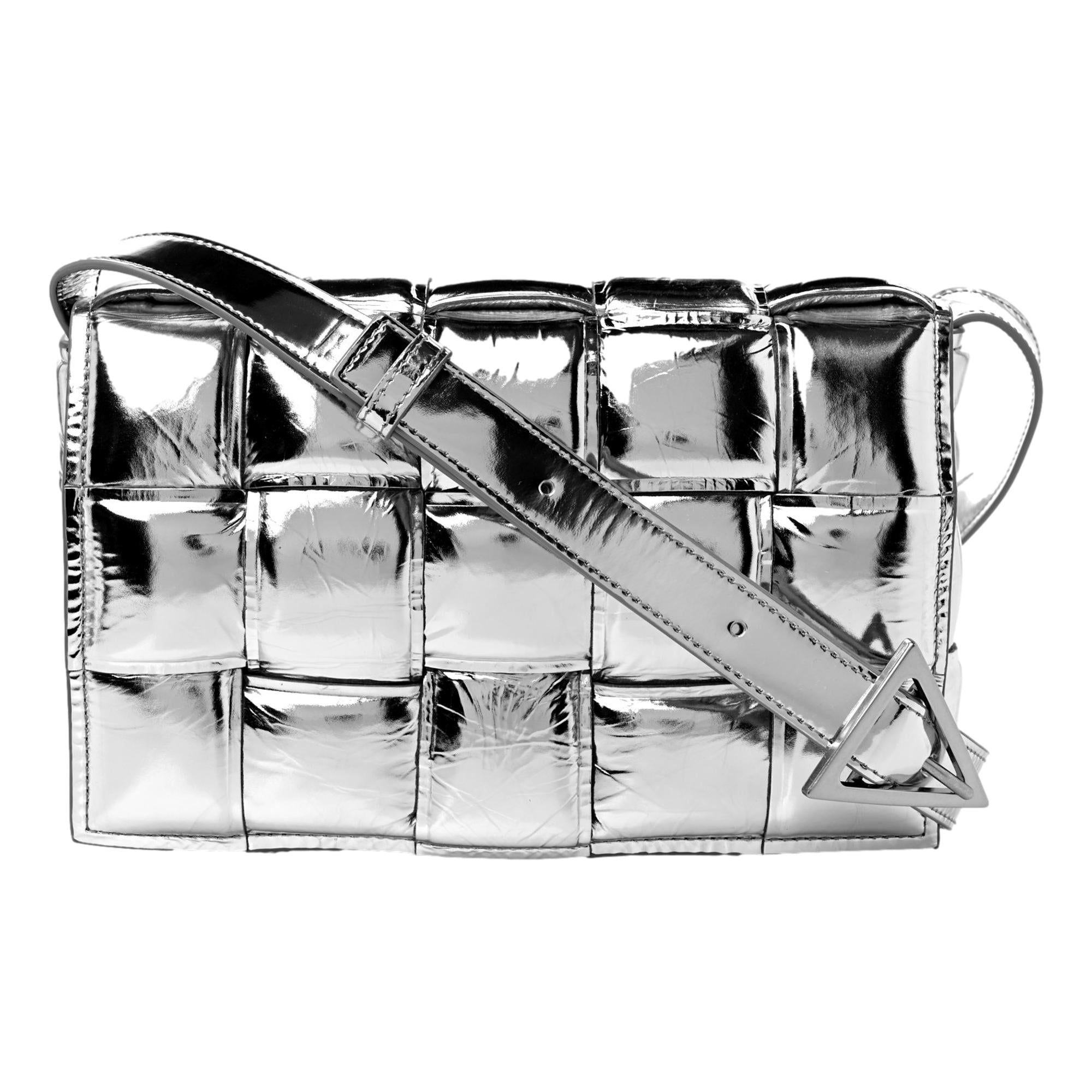Bottega Veneta Padded Cassette Metallic Silver Lambskin Crossbody Bag at_Queen_Bee_of_Beverly_Hills